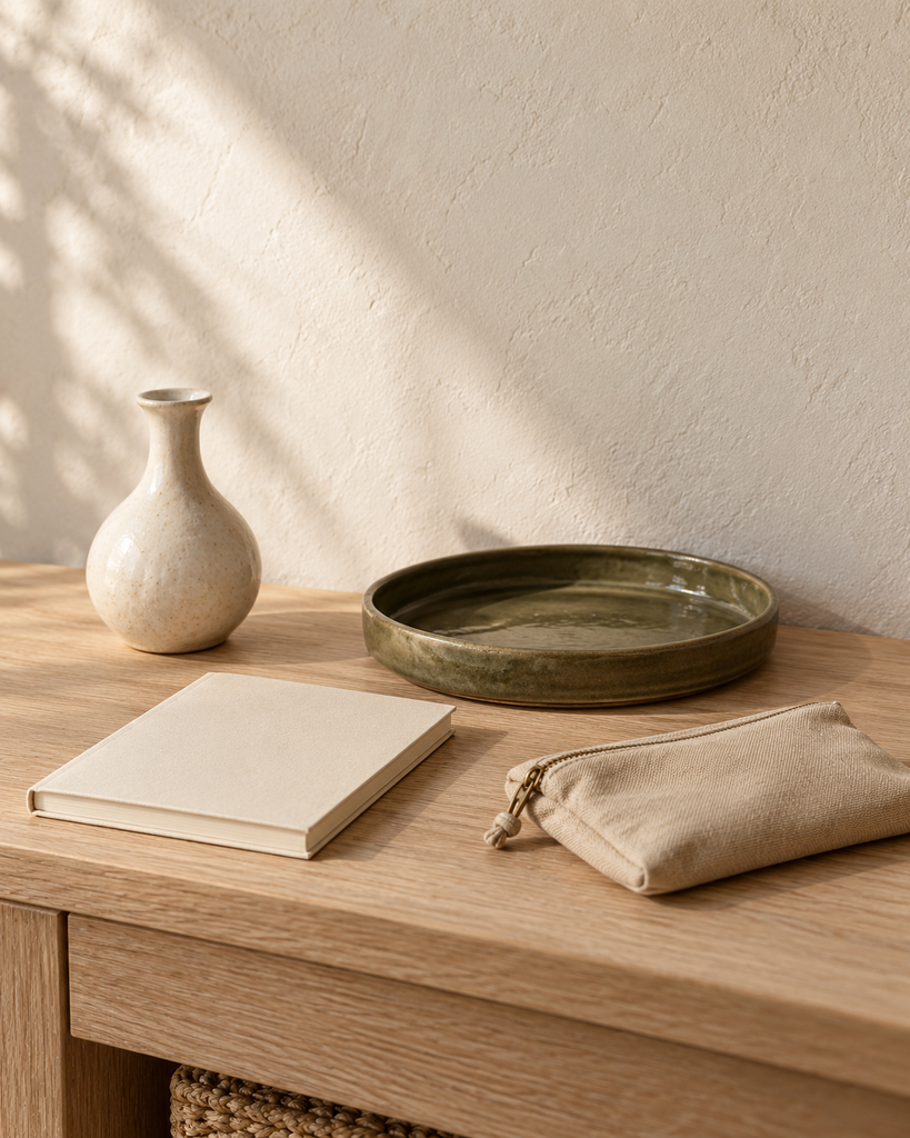 Illustrative ivory vase, olive tray, plain notebook and canvas pouch in a quiet interior
