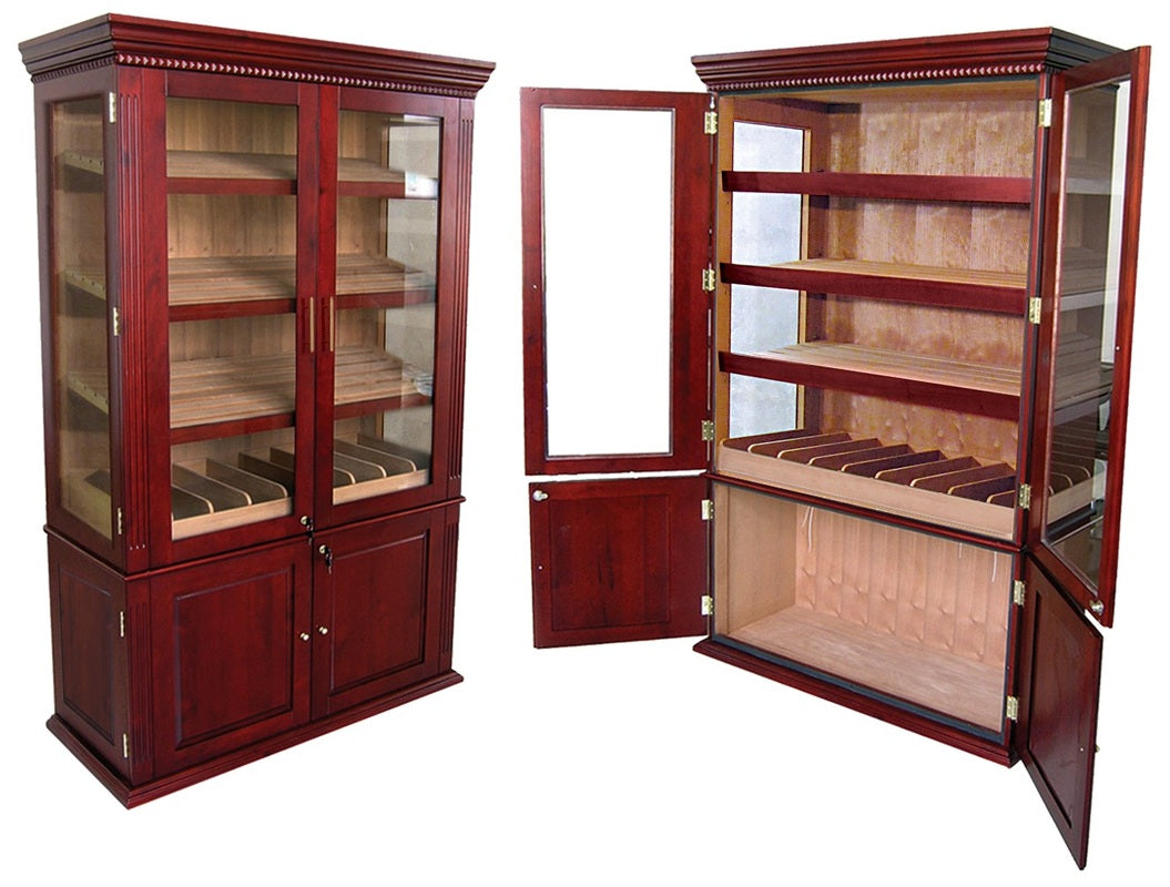 Large wooden cigar humidors used to keep cigars fresh.