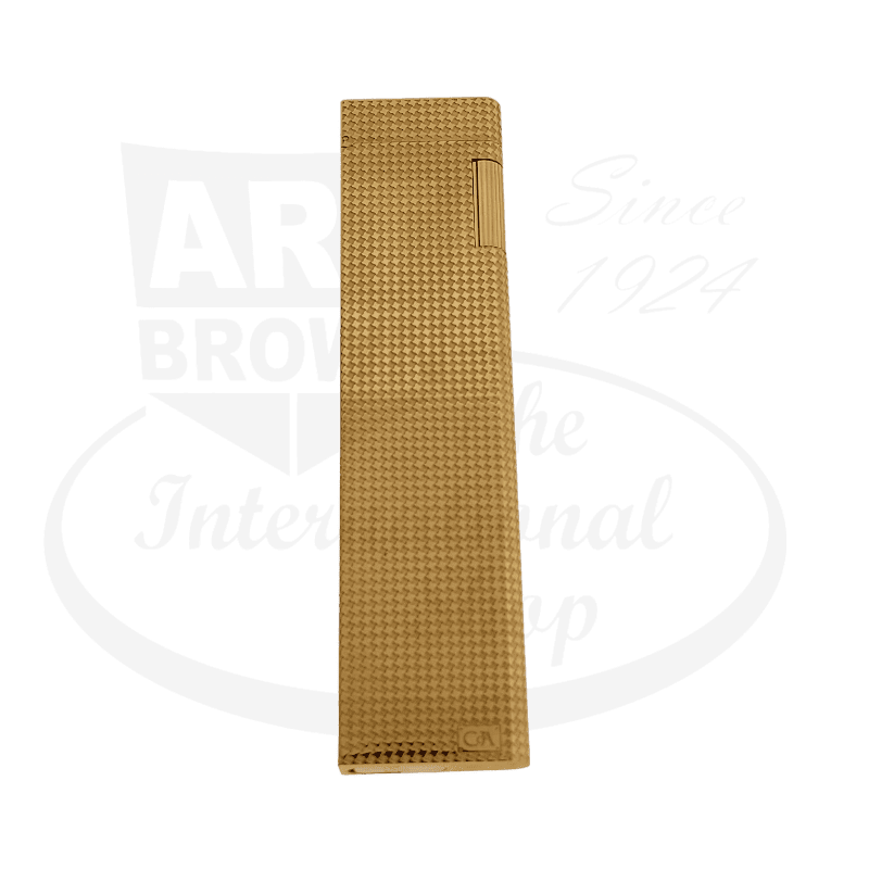 Caran D'Ache vintage table lighter in brushed gold finish featuring geometric textured pattern on sleek rectangular body