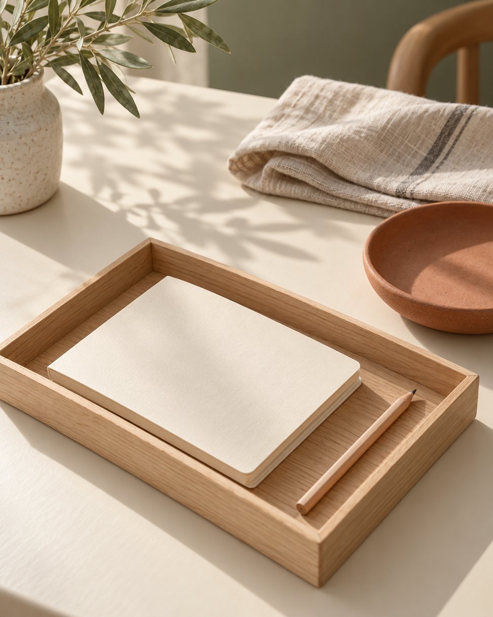 Wooden desk tray, cream notebook, pencil, folded cotton and terracotta dish