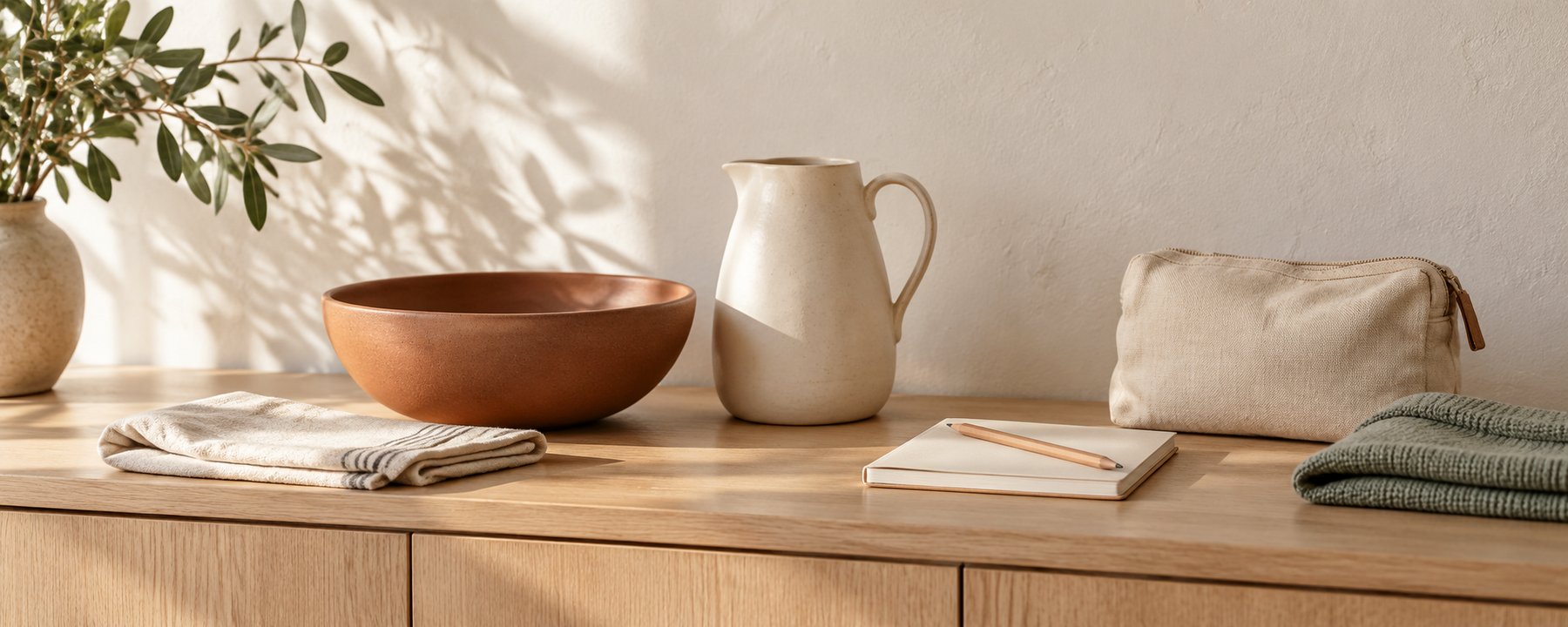 Terracotta bowl, cream jug, folded cotton, notebook and canvas pouch on a pale oak console