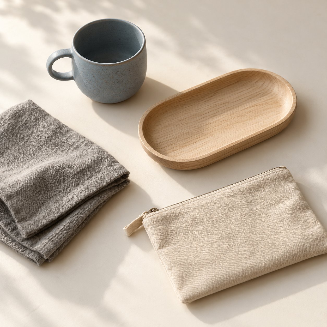 Overhead view of a stone-blue cup, wooden tray, gray cloth and sand pouch