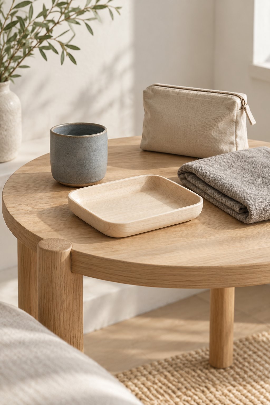 A stone-blue cup, wooden tray, gray cloth and sand canvas pouch on a pale oak side table