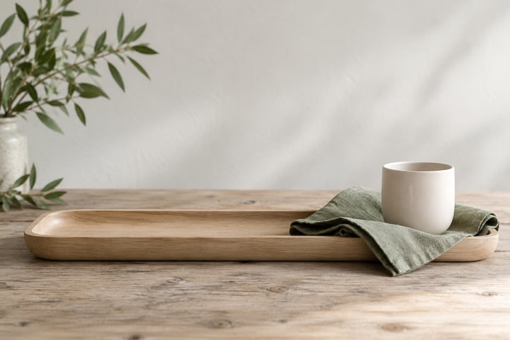 Pale wood tray, folded sage cloth and ivory cup on a light tabletop
