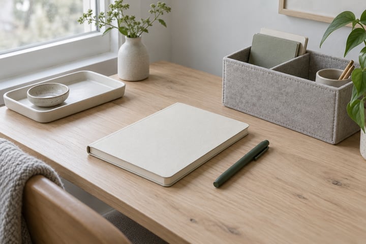 Cream notebook, green pen, gray organizer and ivory tray on a light desk