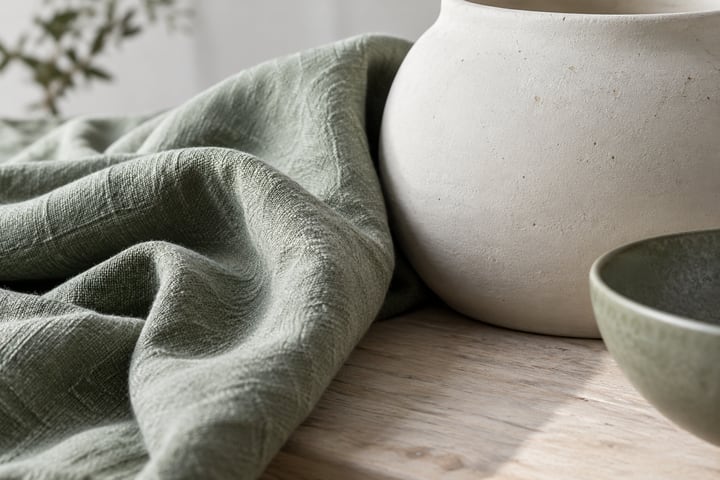 Sage woven cloth beside an ivory vessel and a green-gray bowl