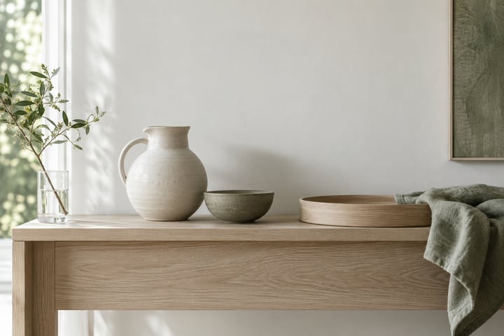 Ivory jug, green-gray bowl, pale wood tray and sage cloth on a wood console