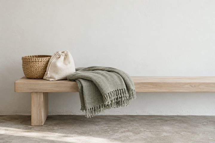 Folded sage throw, cream pouch and woven basket on a pale wood bench