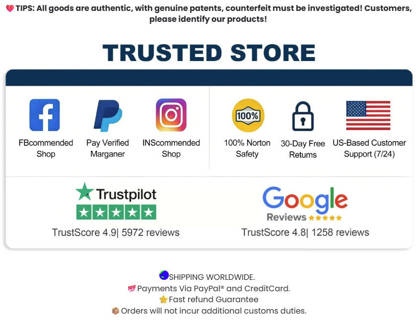 Trusted Store: authentic goods, verified payment, social recommendations, safety, returns, support, Trustpilot and Google reviews, worldwide shipping and fast refund guarantee.