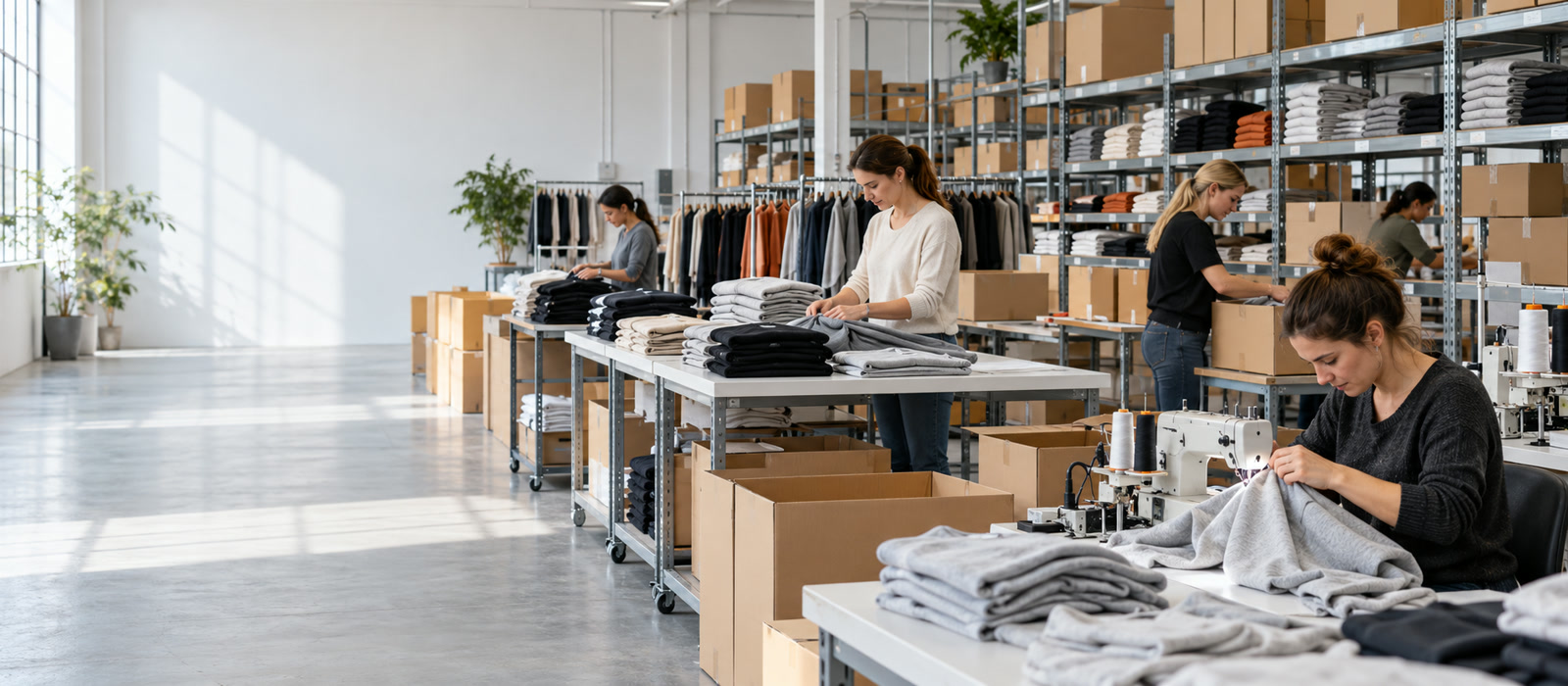 Clothing being sorted and packed in the BRYMELI apparel warehouse