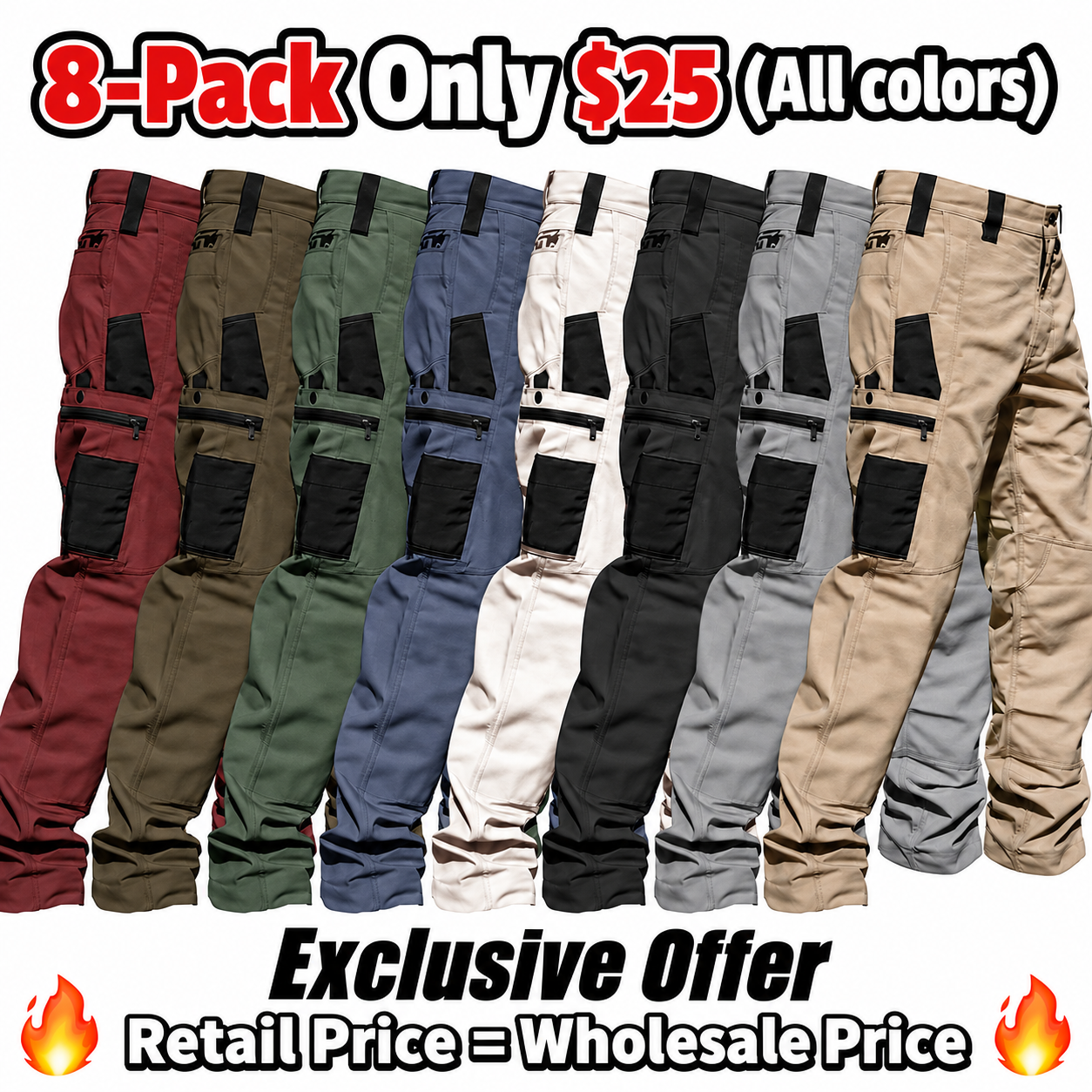 8-Pack(All colors) Men's 8-Pack Unisex 10-Pocket Heavy Duty zipper waterproof tactical Work Pants