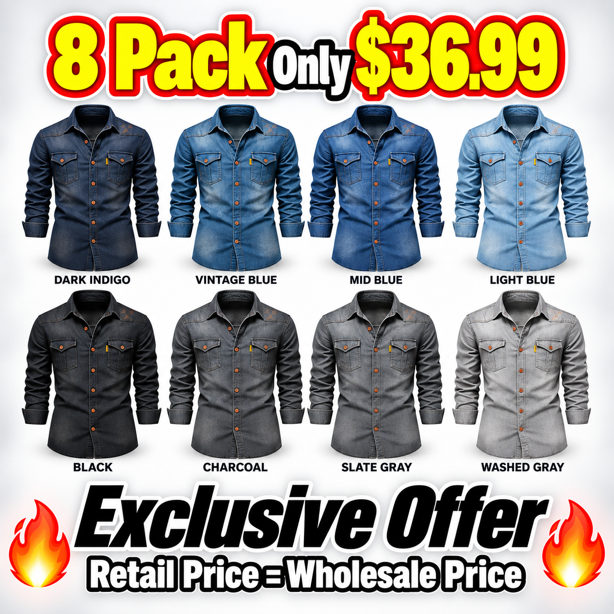 Men's Dark Denim Flap-Pocket Shirt Multipack