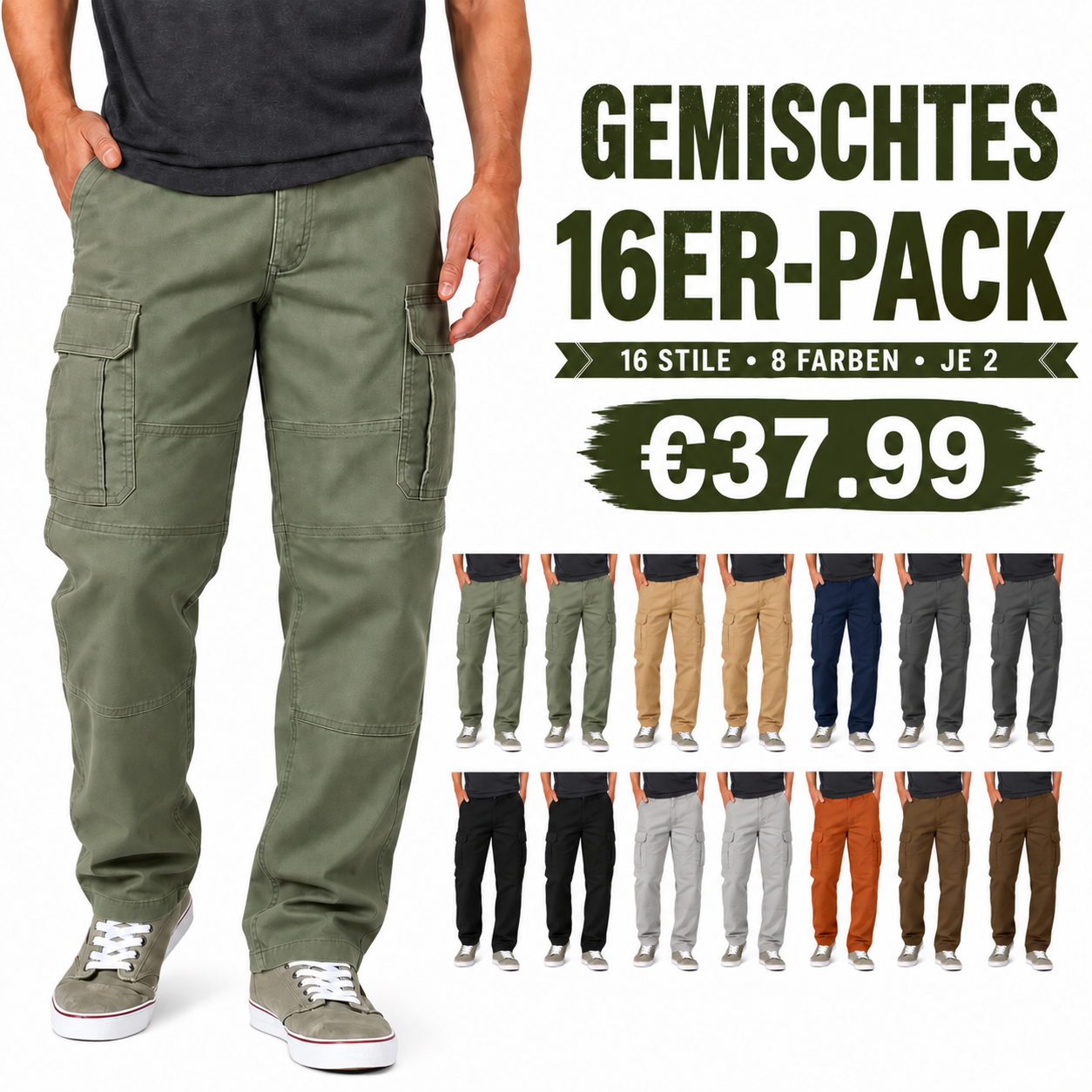 Lässige Herren-Cargohosen mit 6 Taschen – Arbeit und Outdoor - 16 Hosen (je zwei pro Farbe)