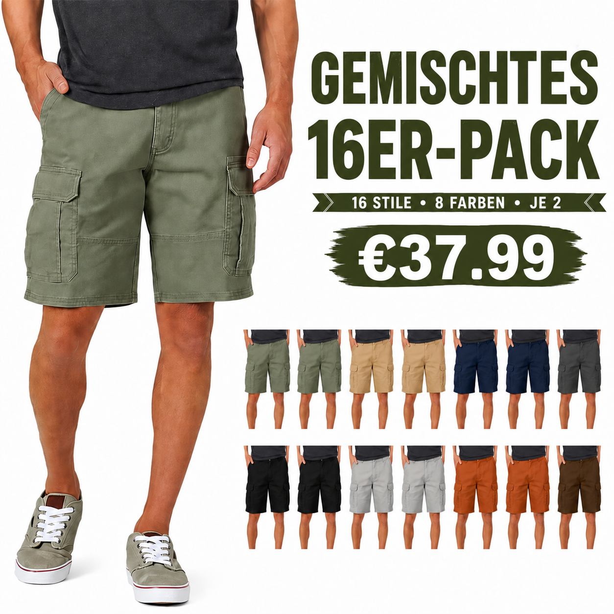 Lässige Herren-Cargohosen mit 6 Taschen – Arbeit und Outdoor - 16 Shorts (je zwei pro Farbe)