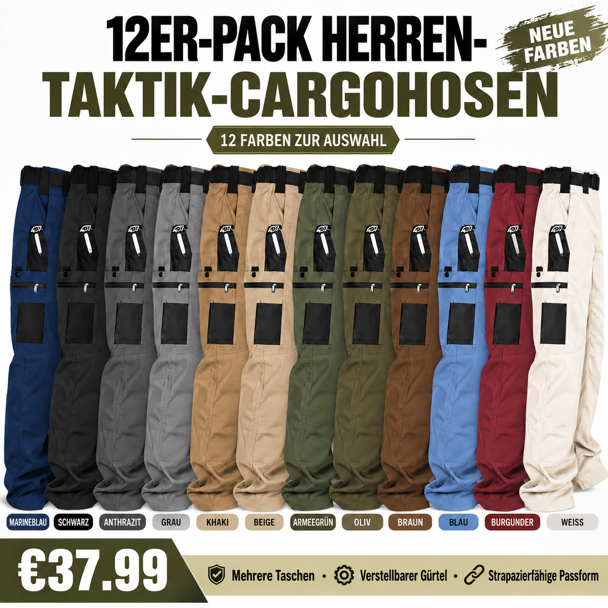 Herren-Multipack mit taktischen Cargohosen – 12 Stück für nur 36,99 € - 12er-Farbset – 37,99 €