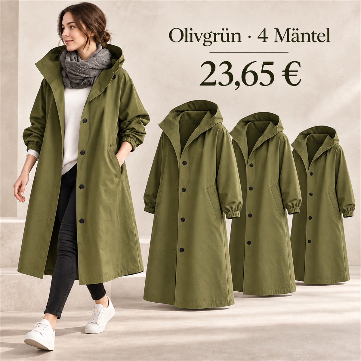 Langer Damen-Kapuzenmantel mit Druckknöpfen – Set - Oliv 鈥?4-teiliges Set