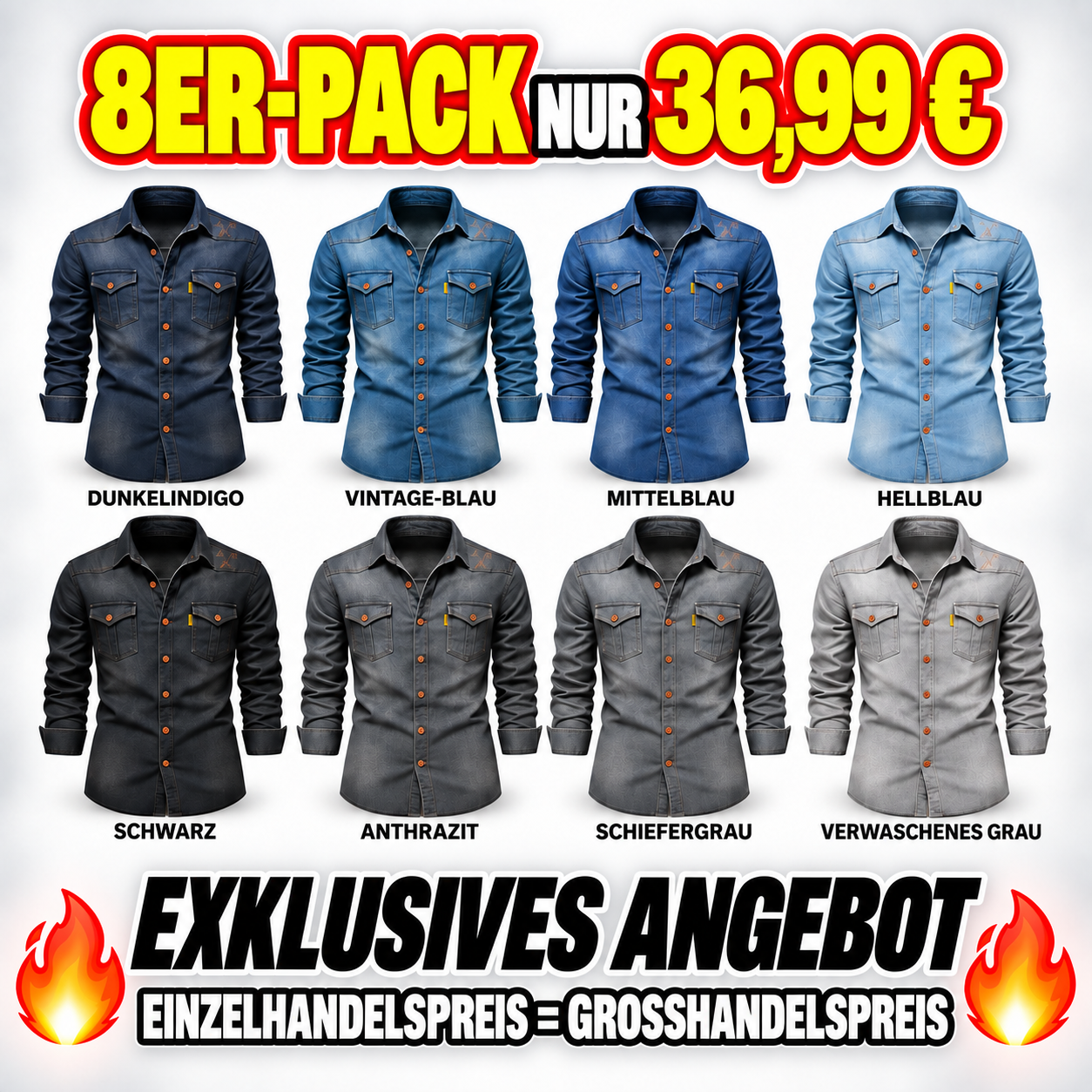 Herren-Multipack aus dunklem Denim mit Pattentaschen-Hemden - 01