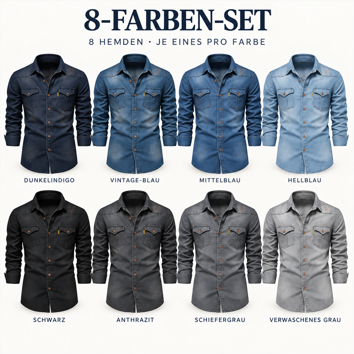 Herren-Multipack aus dunklem Denim mit Pattentaschen-Hemden - 02