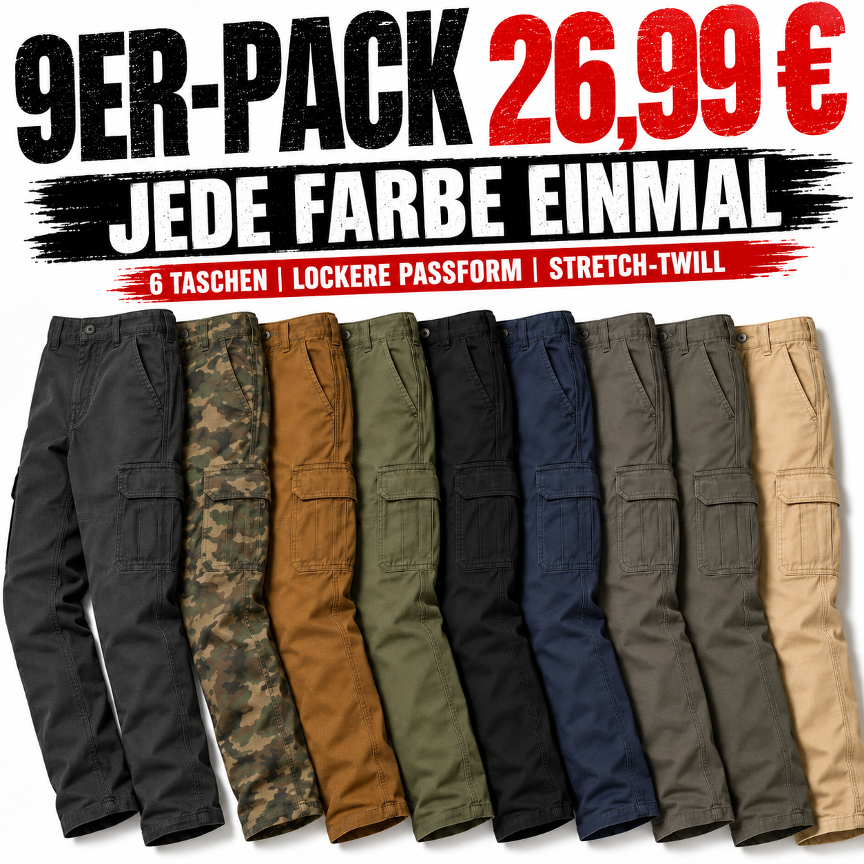 9er-Pack Herren-Stretch-Cargohosen in Relaxed Fit mit 6 Taschen - 01
