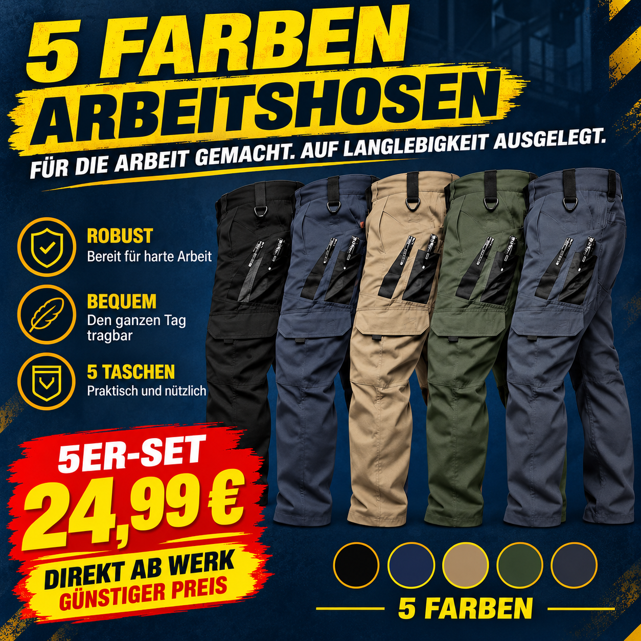 5er-Pack Herren-Arbeitshosen mit mehreren Taschen - 01