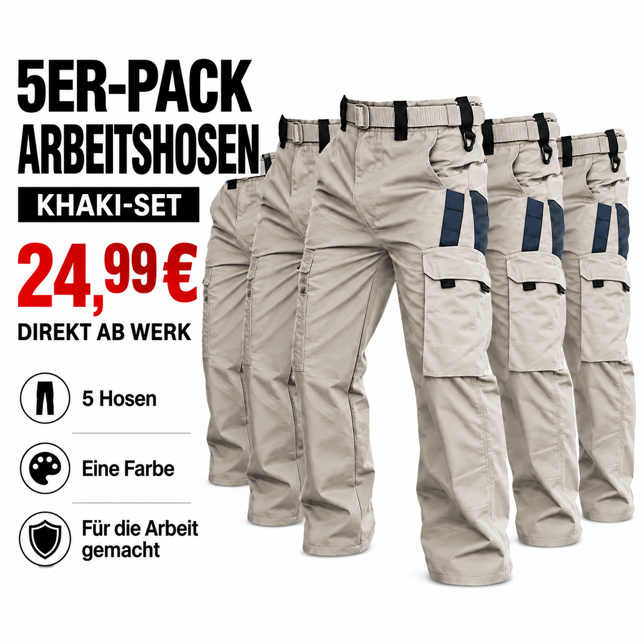 5er-Pack Herren-Arbeitshosen mit mehreren Taschen - 15