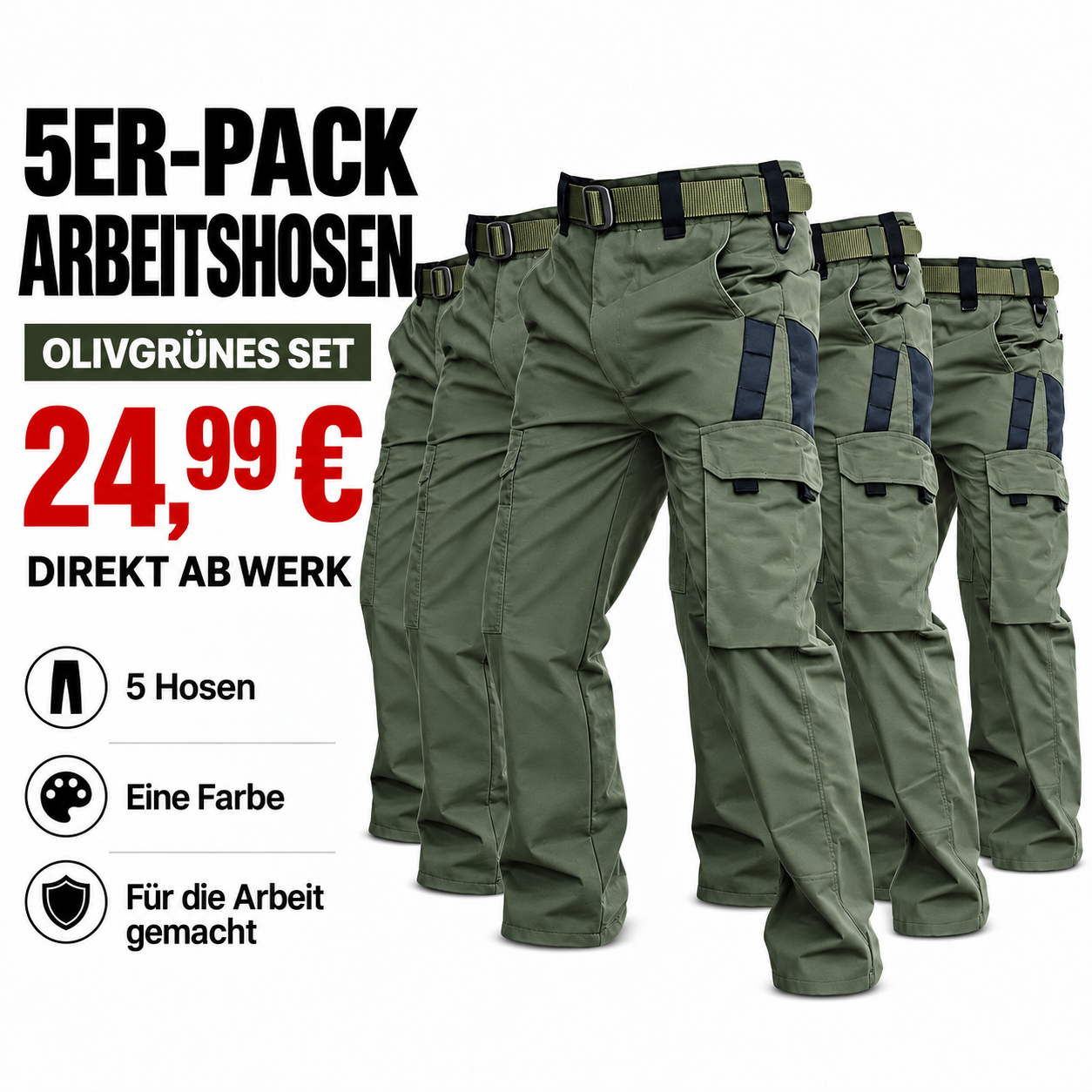 5er-Pack Herren-Arbeitshosen mit mehreren Taschen - 16