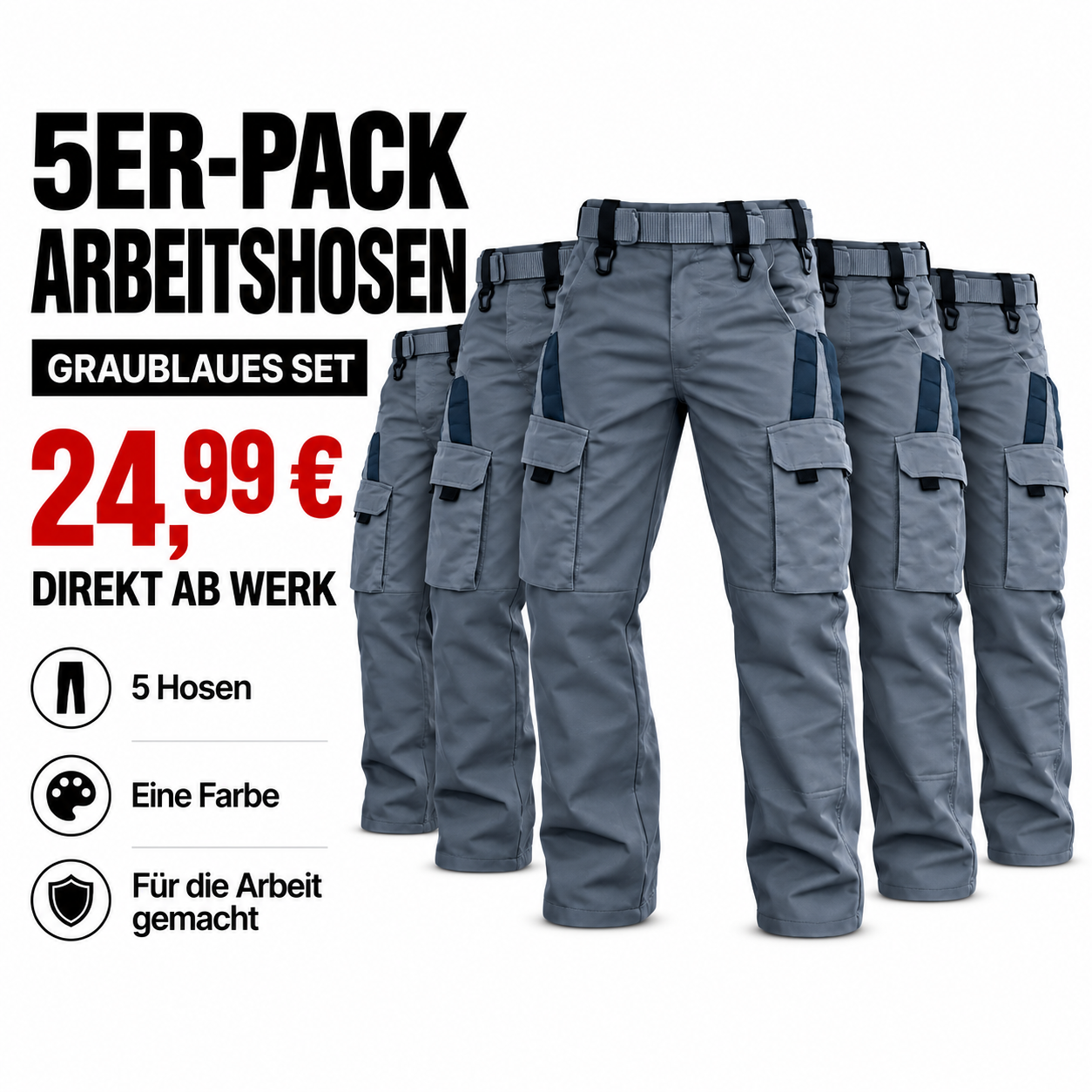 5er-Pack Herren-Arbeitshosen mit mehreren Taschen - 17