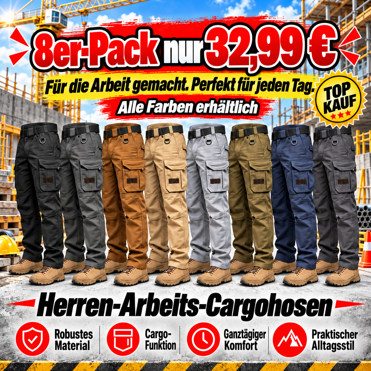 🔥8ER-PACK nur 32,99 €🔥 Herren-Ripstop-Arbeitshose, wasserabweisende Outdoor-Taktikhose