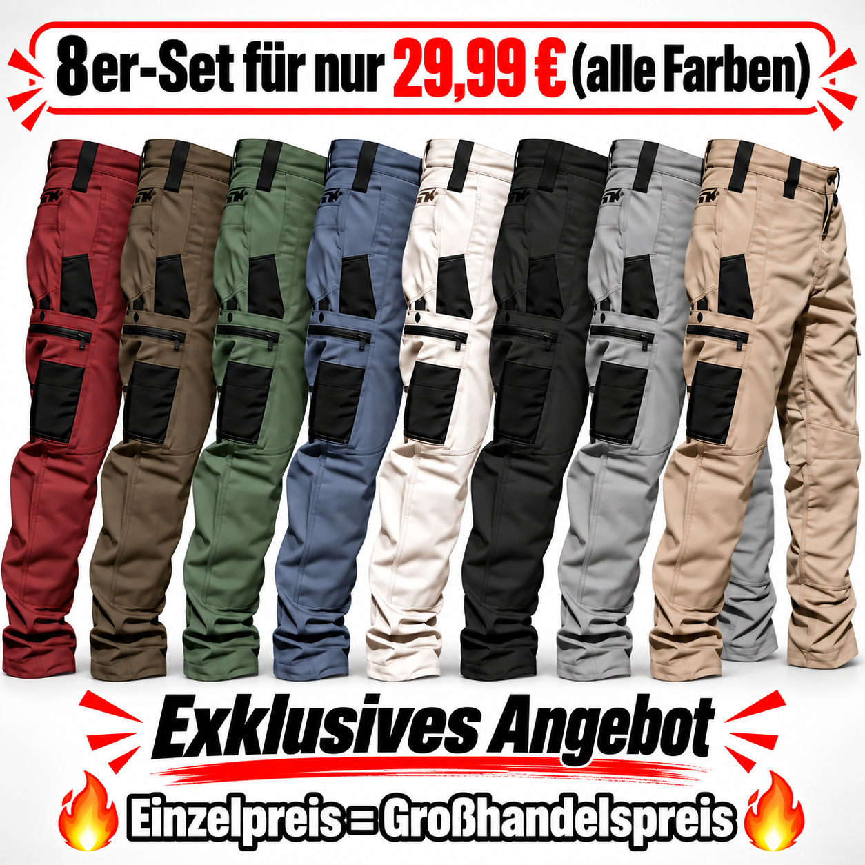 8er-Pack (alle Farben) – Robuste wasserabweisende Unisex-Arbeitshose mit 10 Taschen und Reißverschluss