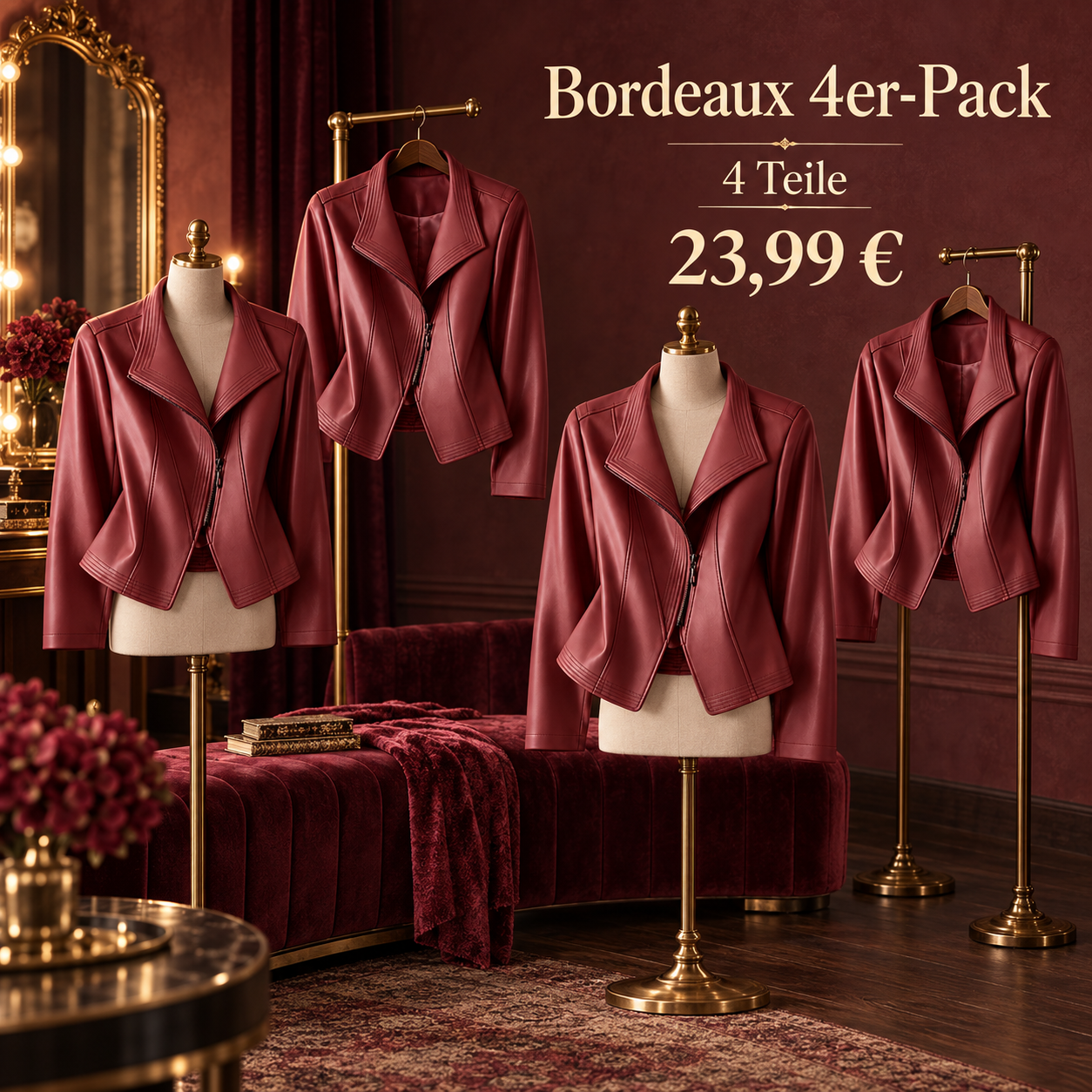 Damen-Multipack mit asymmetrischen Bikerjacken - Bordeaux 4er-Pack