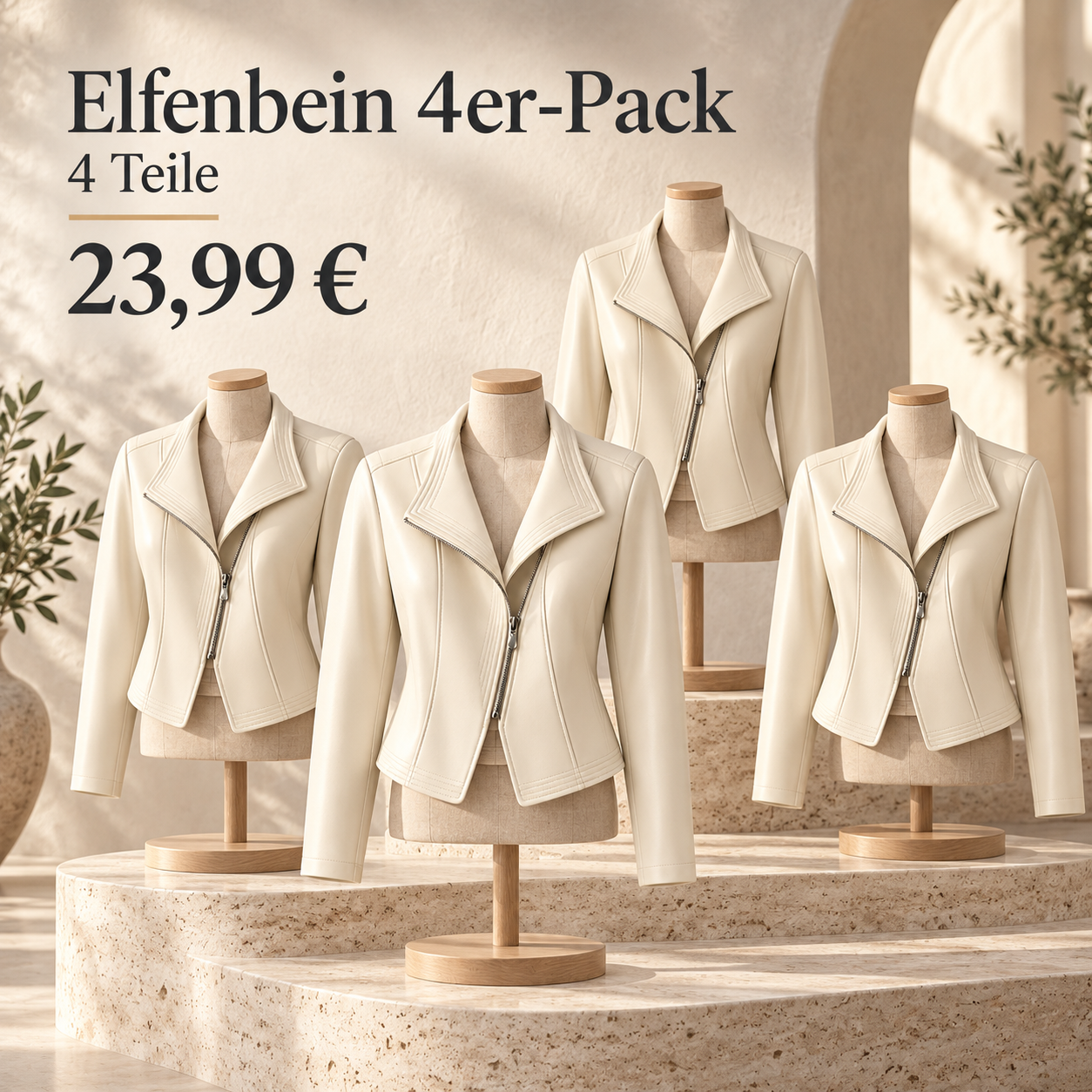 Damen-Multipack mit asymmetrischen Bikerjacken - Elfenbein 4er-Pack