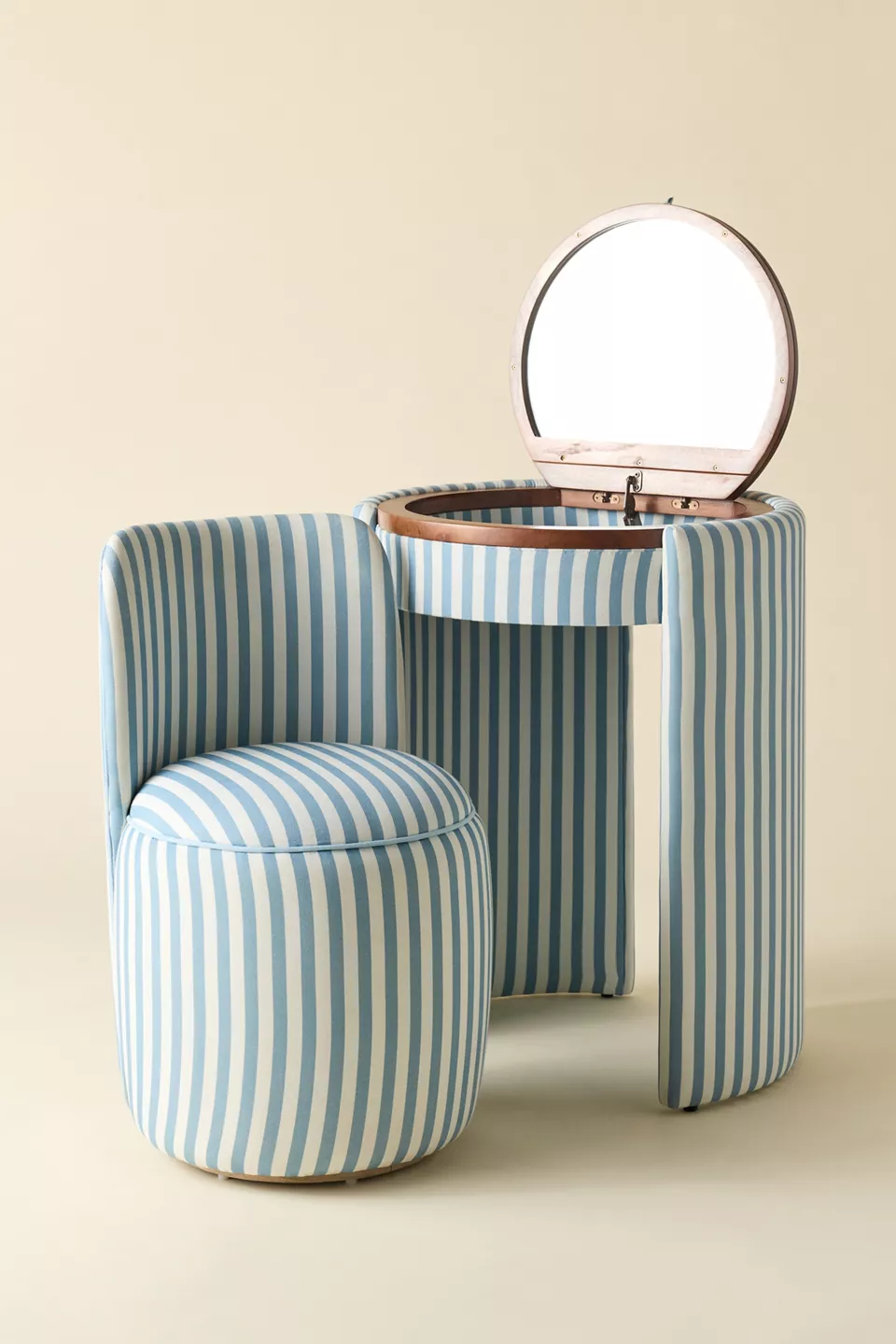 Compact Upholstered Cylinder Vanity & Stool Set