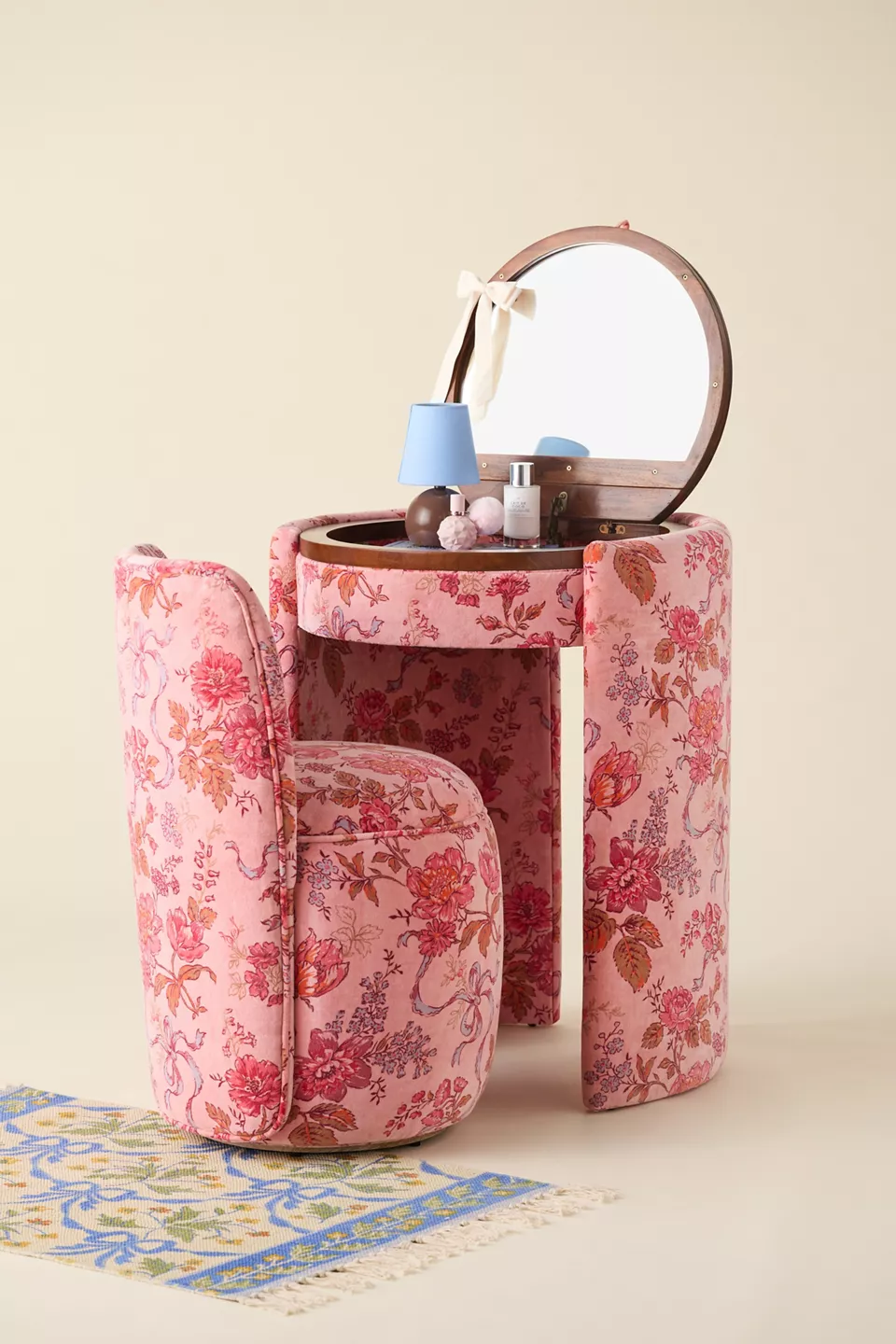 Compact Upholstered Cylinder Vanity & Stool Set