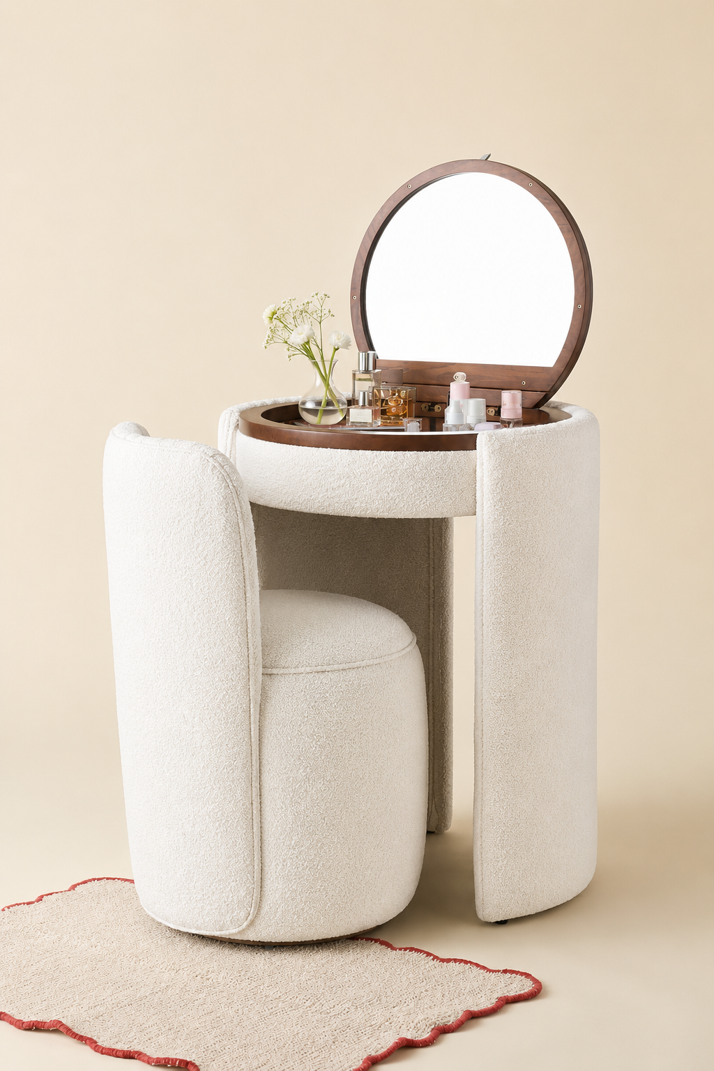 Compact Upholstered Cylinder Vanity & Stool Set