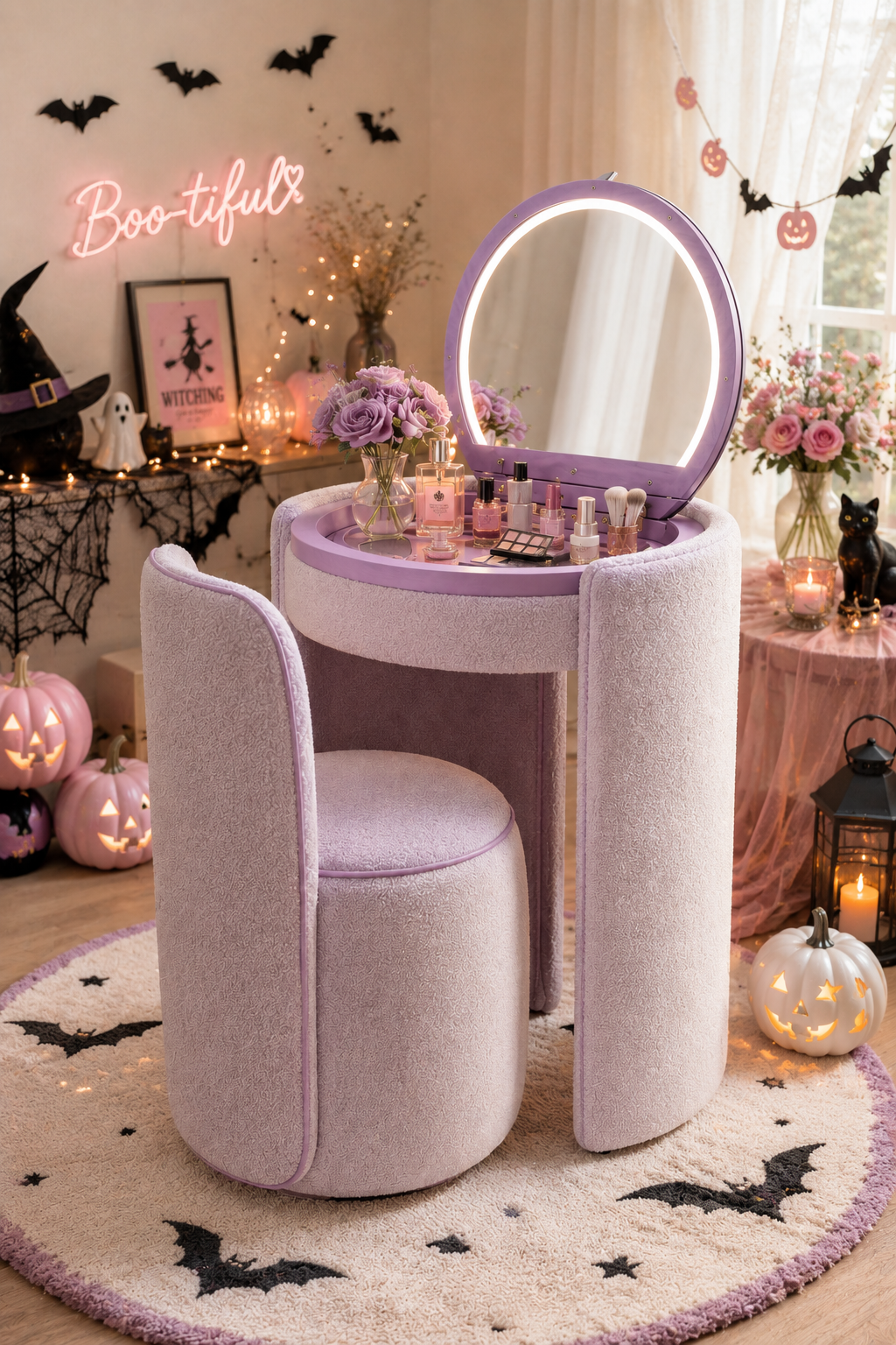 Compact Upholstered Cylinder Vanity & Stool Set