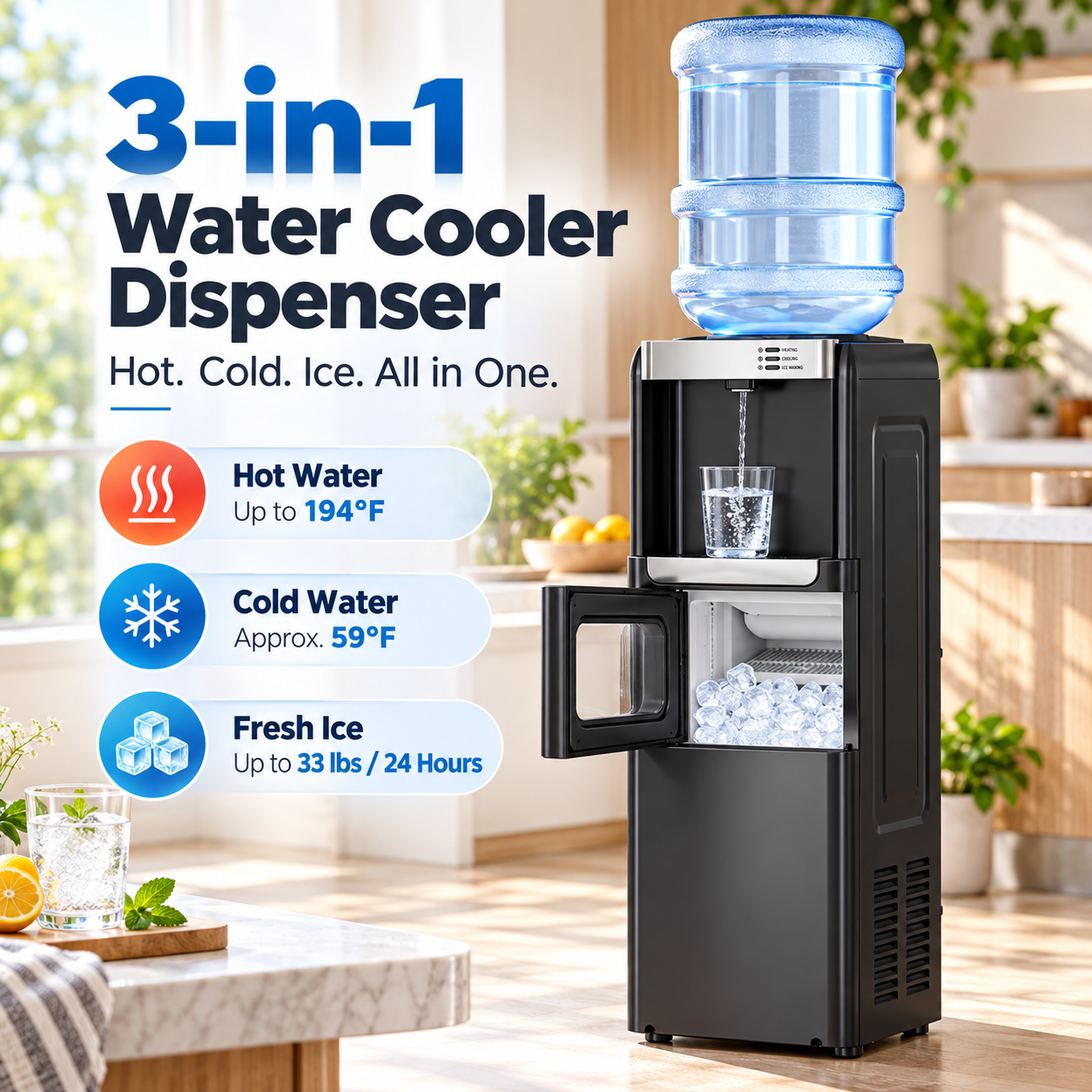 3-in-1 Water Dispenser with Built-In Ice Maker