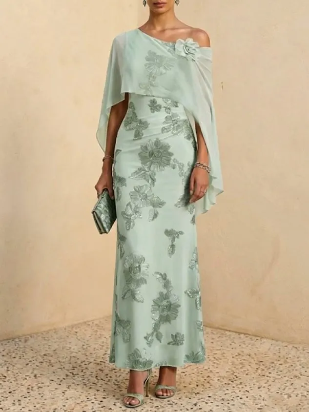 Light Green 3D Floral Jacquard Classic One-Shoulder Cap Sleeve Sheath Maxi Dress