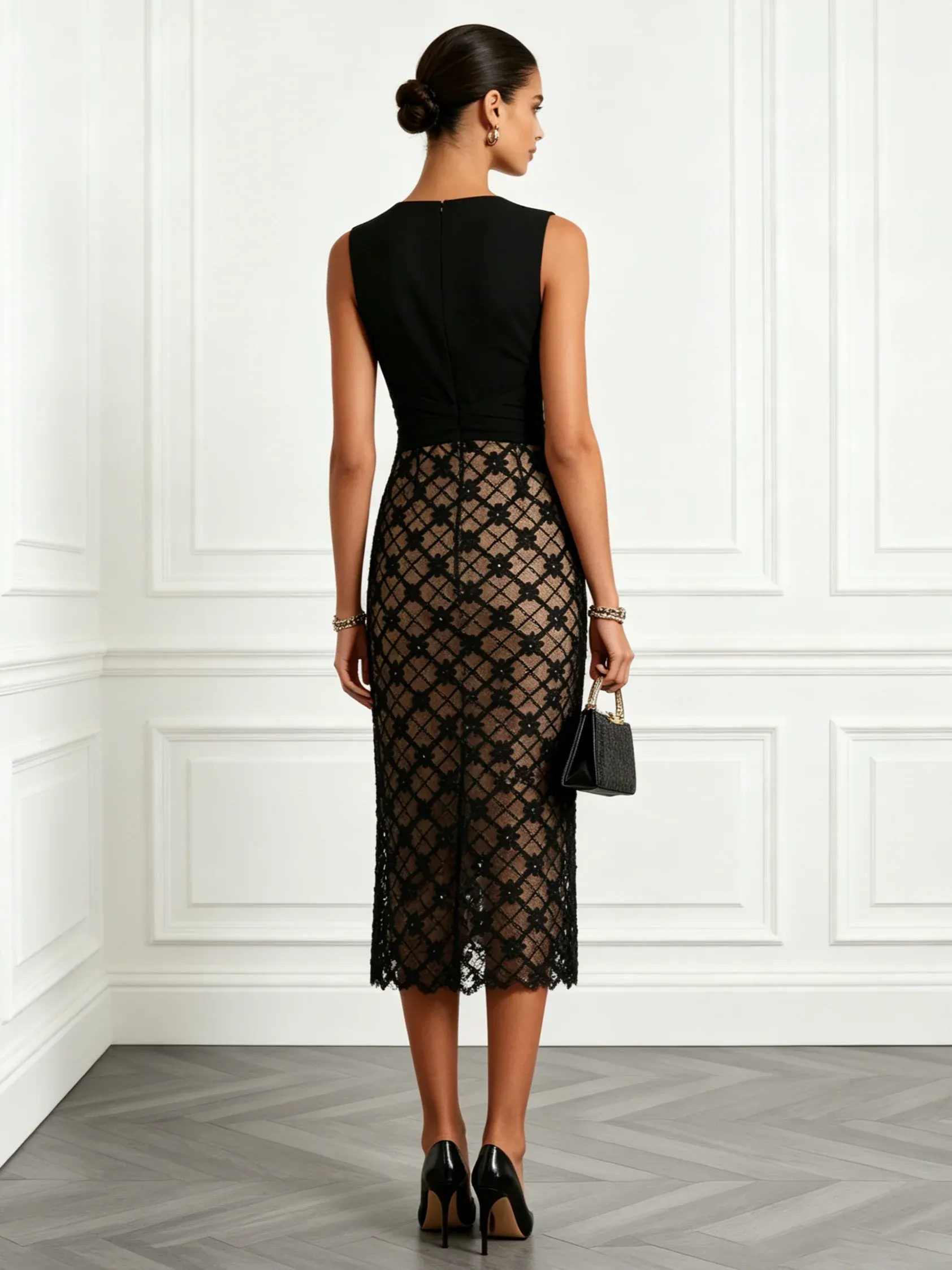 Black 3D Floral Classic Notched Sleeveless Sheath Midi Dress