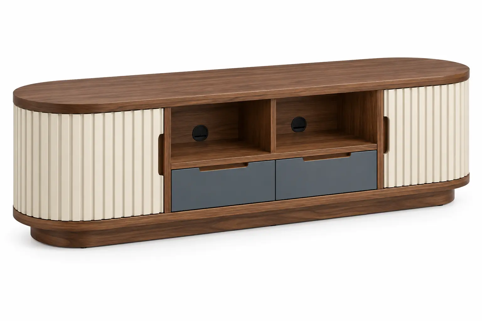 Mueble bajo para televisión con detalles de líneas verticales y estantes, marrón, blanco y azul-elmcraftco