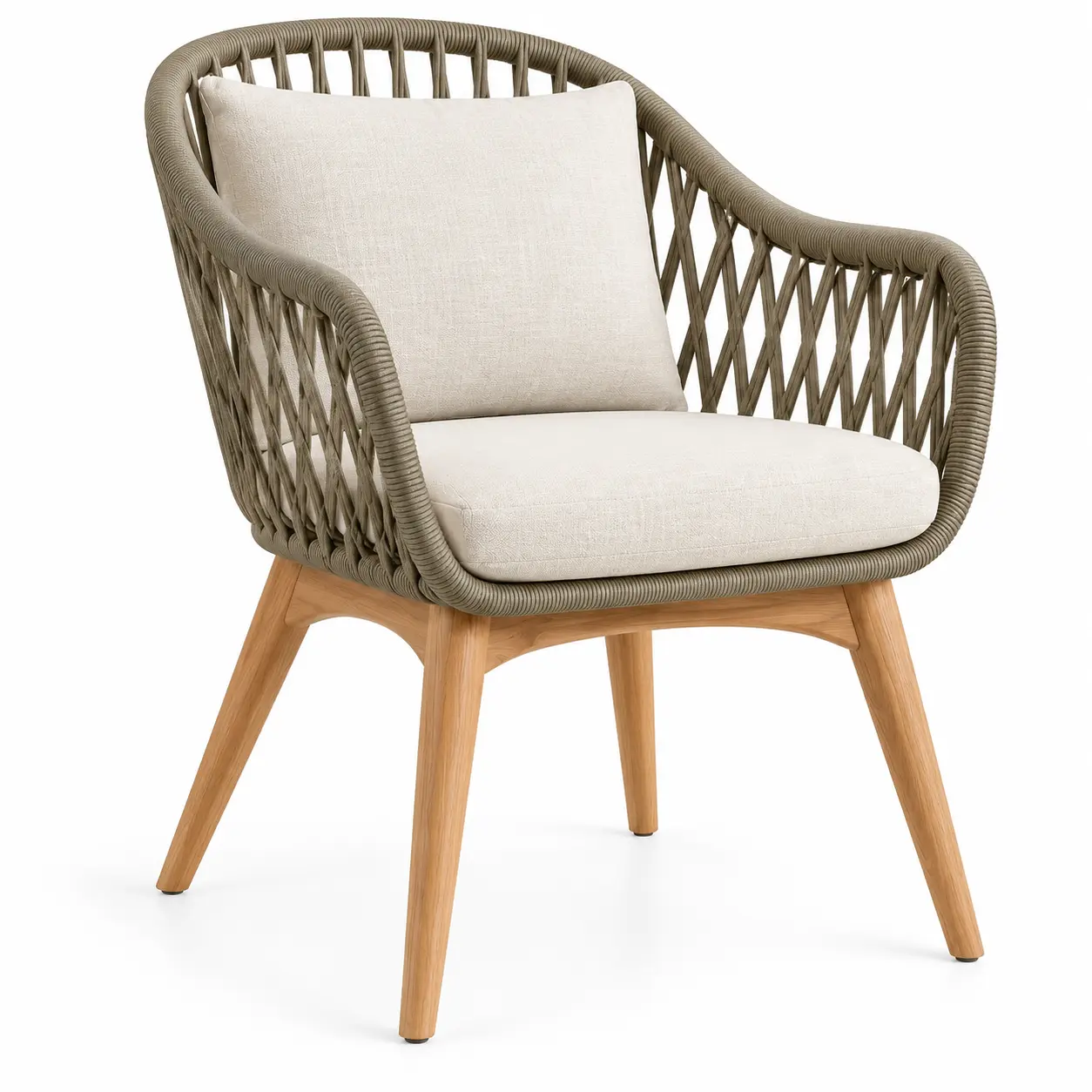 Sillón con estructura abierta con detalles de entramado, beige, verde y marrón-elmcraftco