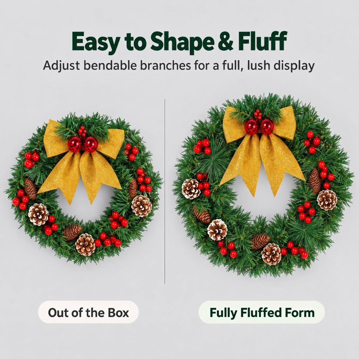 20 Inch Pre‑Lit Christmas Wreaths for Front Door, Christmas Wreath with Red Berries Pinecones Gold Bows, Indoor Outdoor Xmas Decor for Home Wall Window