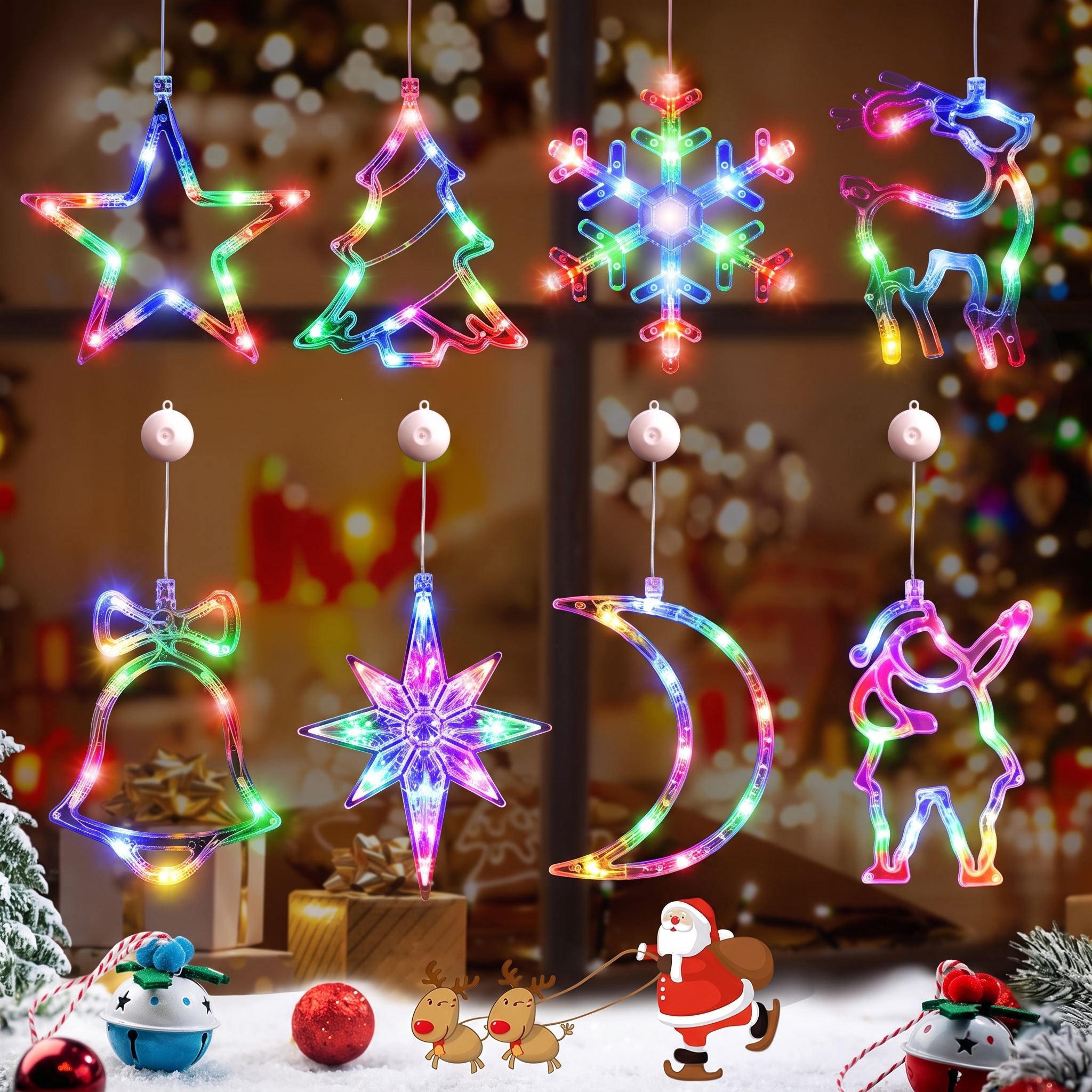 MQOALA 8 Pack Christmas Window Lights Decor, Battery Powered Multicolor LED Hanging Suction Cup, Snowflake Tree Star Deer Bell Moon Santa Claus for Holiday Window & Wall Decor