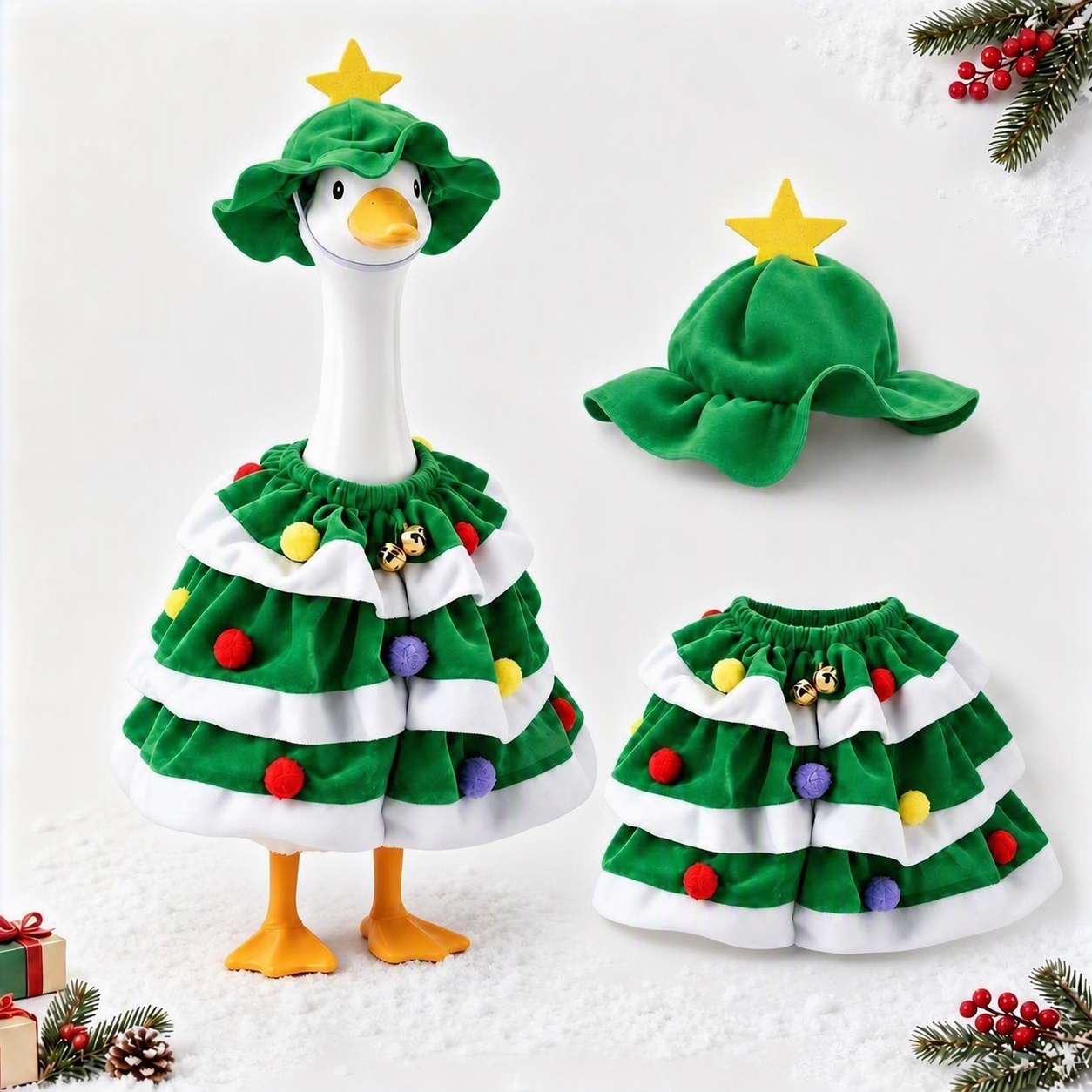 MQOALA Christmas Porch Goose Outfits, 2Pcs Set for 23 Inch Lawn Goose Statue, Christmas Tree Style Goose Dress & Star Hat with Bells, Garden Yard Patio Holiday Decor, Goose Figurine Not Included