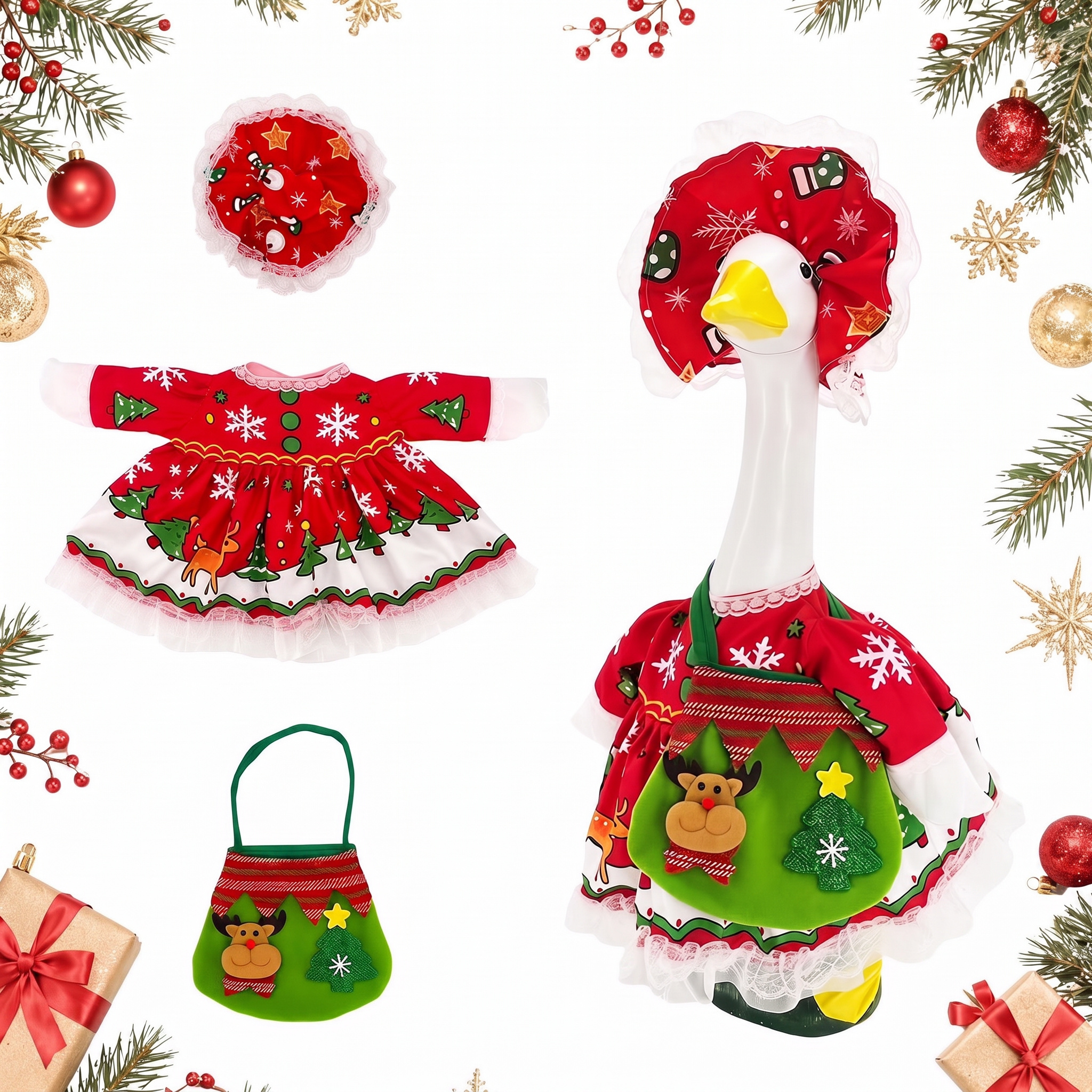 MQOALA 3Pcs Christmas Porch Goose Outfit, 23" Goose Christmas Tree Dress with & 3D Reindeer Bag for for Outdoor Yard Patio Christmas Decor