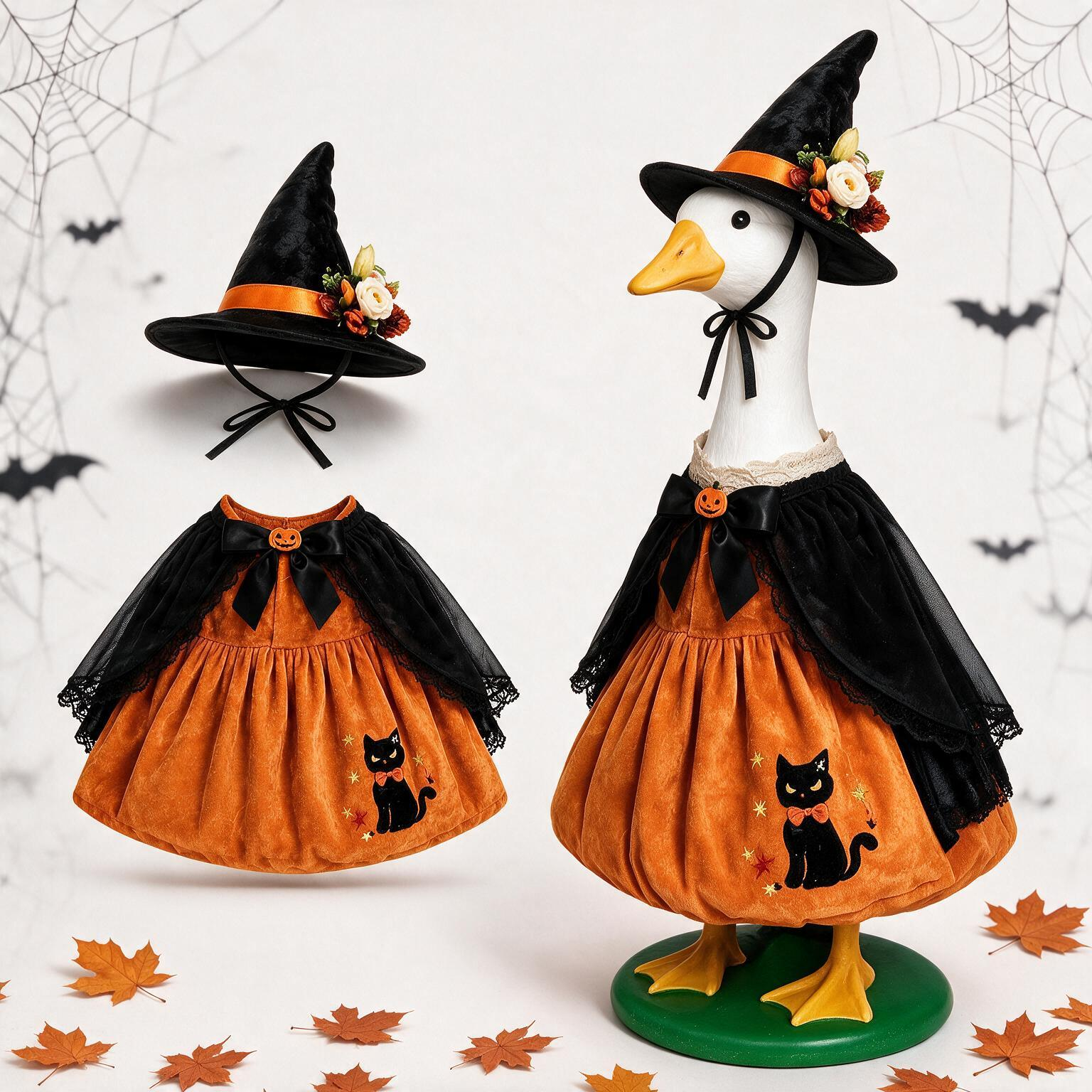 MQOALA 3PCS Halloween Porch Goose Outfit, 23" Goose Statue Pumpkin Witch Dress with Hat Set, Cute Goose Clothing for Fall Thanksgiving Outdoor Yard Patio Decor