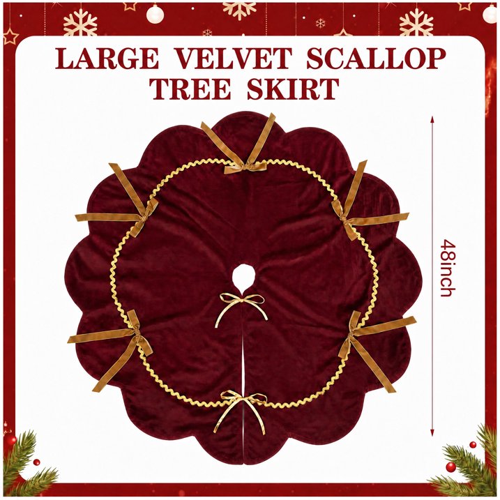 MQOALA Thickened Short Plush Christmas Tree Skirt, 48 Inch Scalloped Xmas Tree Mat with Sparkling Gold Lace Trim, Soft Short Plush Rustic Red Indoor Christmas Home Decor