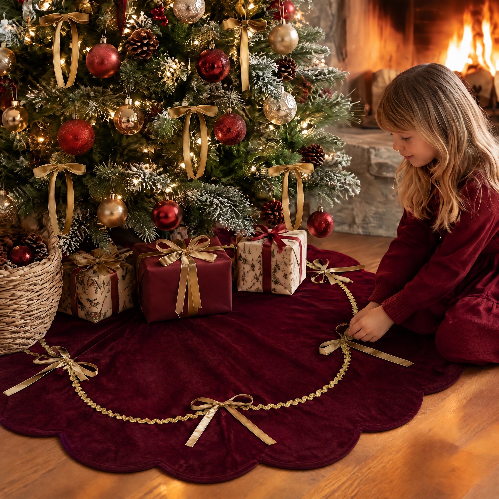 MQOALA Thickened Short Plush Christmas Tree Skirt, 36 Inch Scalloped Xmas Tree Mat with Sparkling Gold Lace Trim, Soft Short Plush Rustic Red Indoor Christmas Home Decor