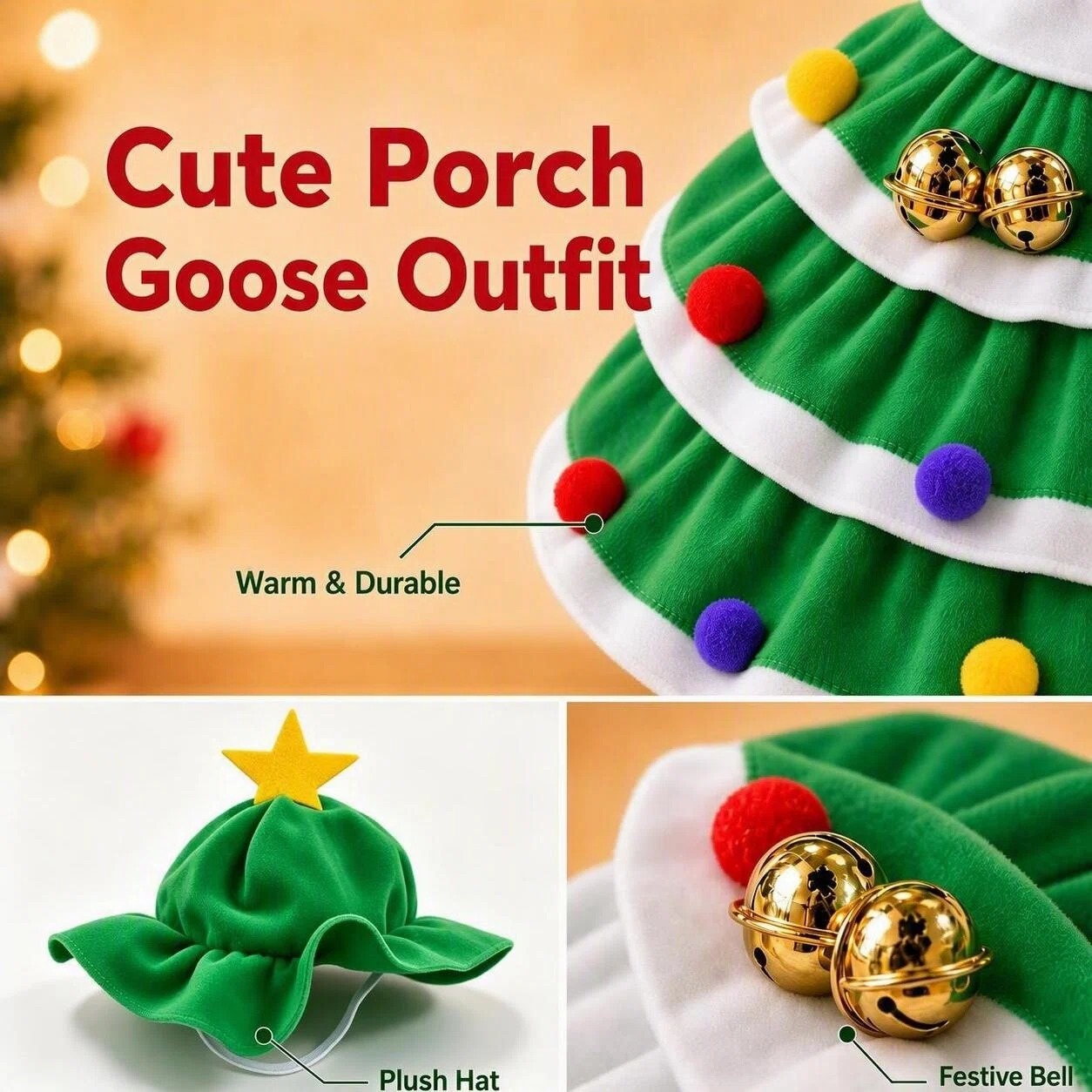 MQOALA Christmas Porch Goose Outfits, 2Pcs Set for 23 Inch Lawn Goose Statue, Christmas Tree Style Goose Dress & Star Hat with Bells, Garden Yard Patio Holiday Decor, Goose Figurine Not Included