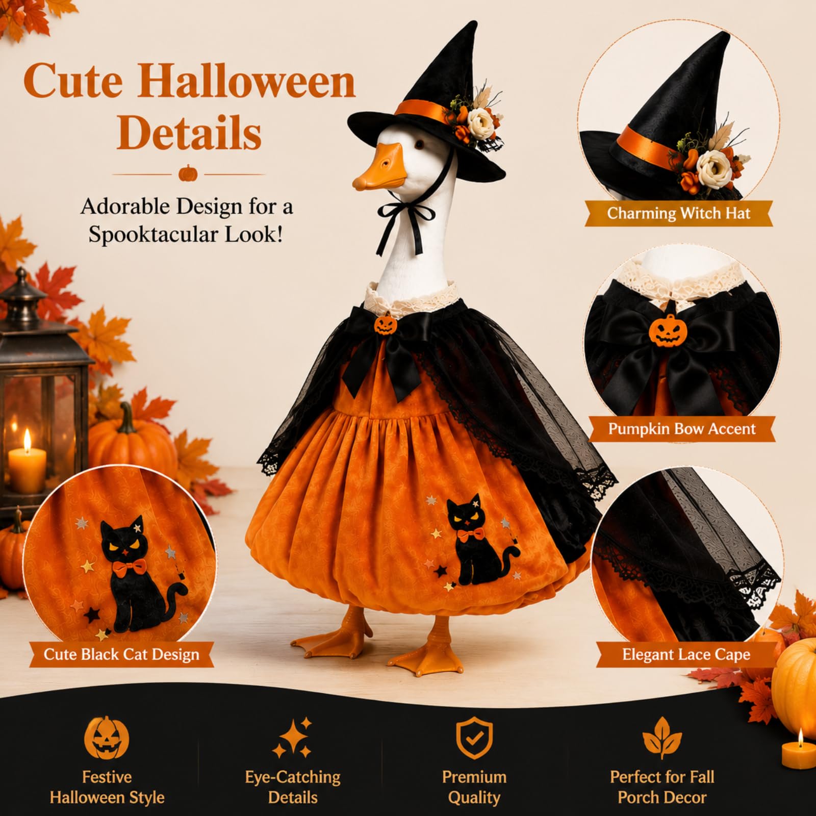 MQOALA 3PCS Halloween Porch Goose Outfit, 23" Goose Statue Pumpkin Witch Dress with Hat Set, Cute Goose Clothing for Fall Thanksgiving Outdoor Yard Patio Decor