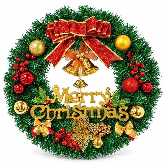 20 Inch Pre‑Lit Christmas Wreath for Front Door, with Red Bow, Gold Bells, Merry Christmas Sign, Red & Gold Ornaments, Red Berries, Small Gold Bows, Indoor Outdoor Xmas Decor for Home Wall Window